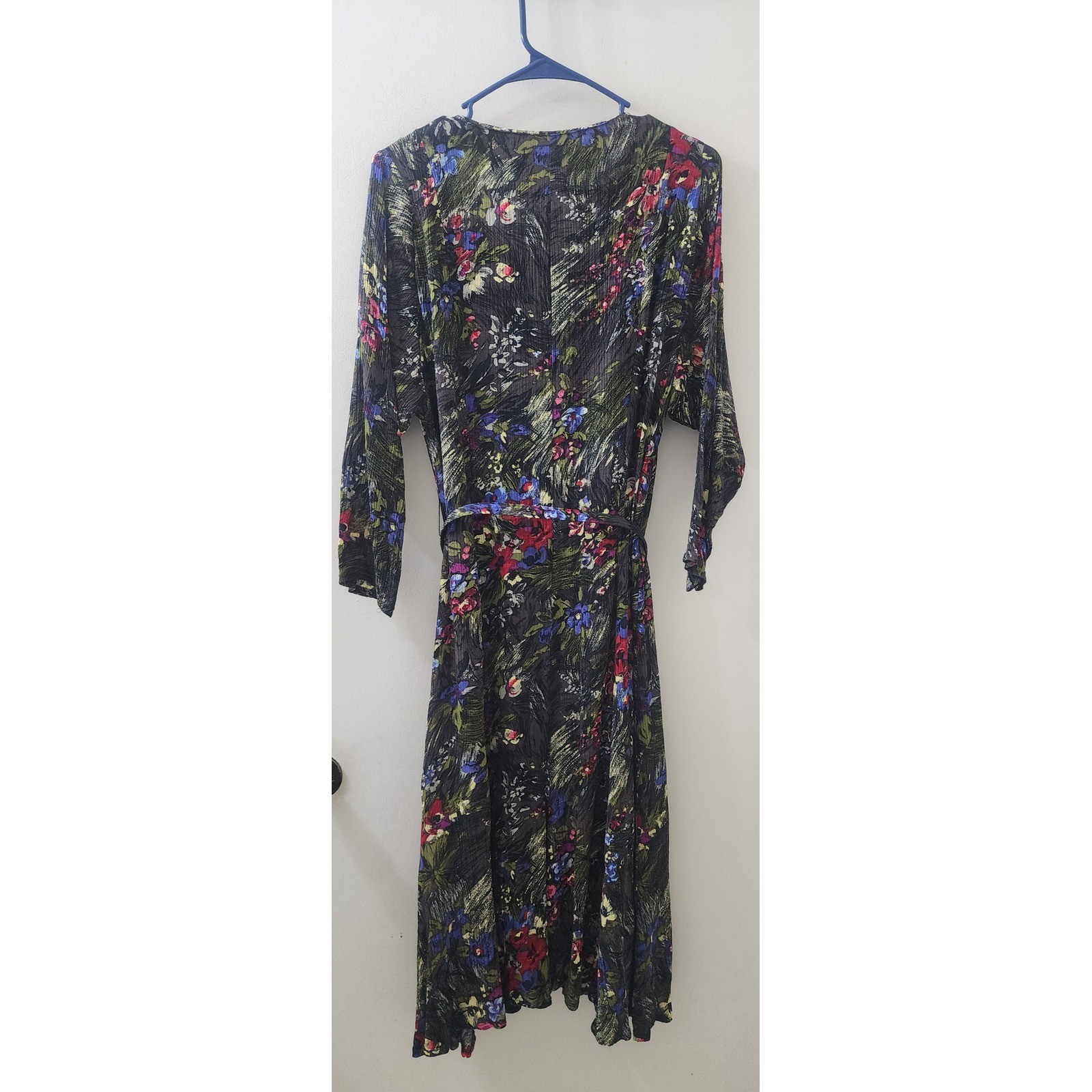 Vintage Oscar Too! Women Floral Rayon Button Front Midi Dress Belted Black Sz 10