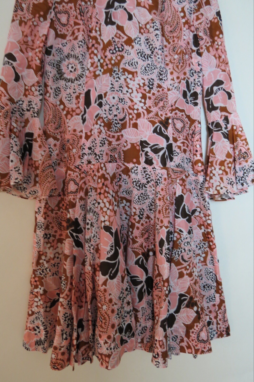 Vintage 70s Pink Brown White Polyester Dress 4 6 0570
