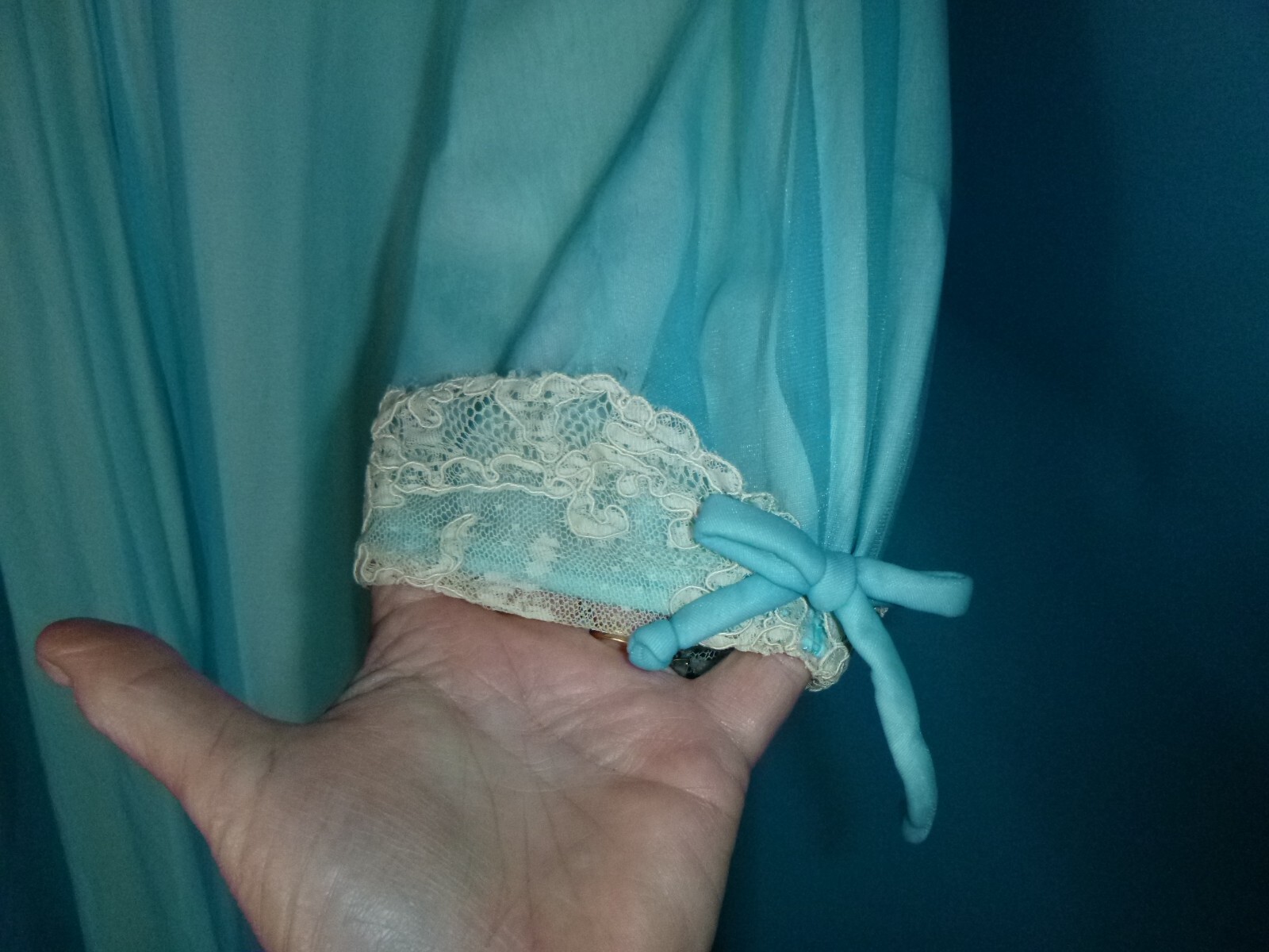 Vtg 50s Odette Barsa 2 Layer Chiffon Over Nylon Robe Turquoise Off White Sz M