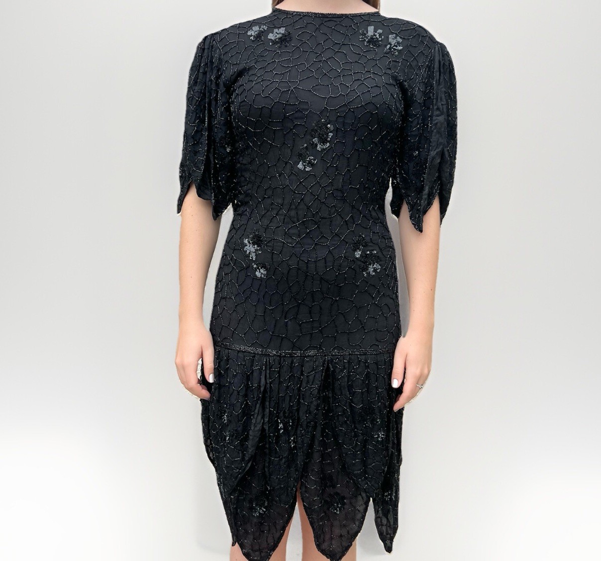 Vintage Frank Usher Black Silk Beaded & Sequin Dress Hand Woven M. Whimsigoth