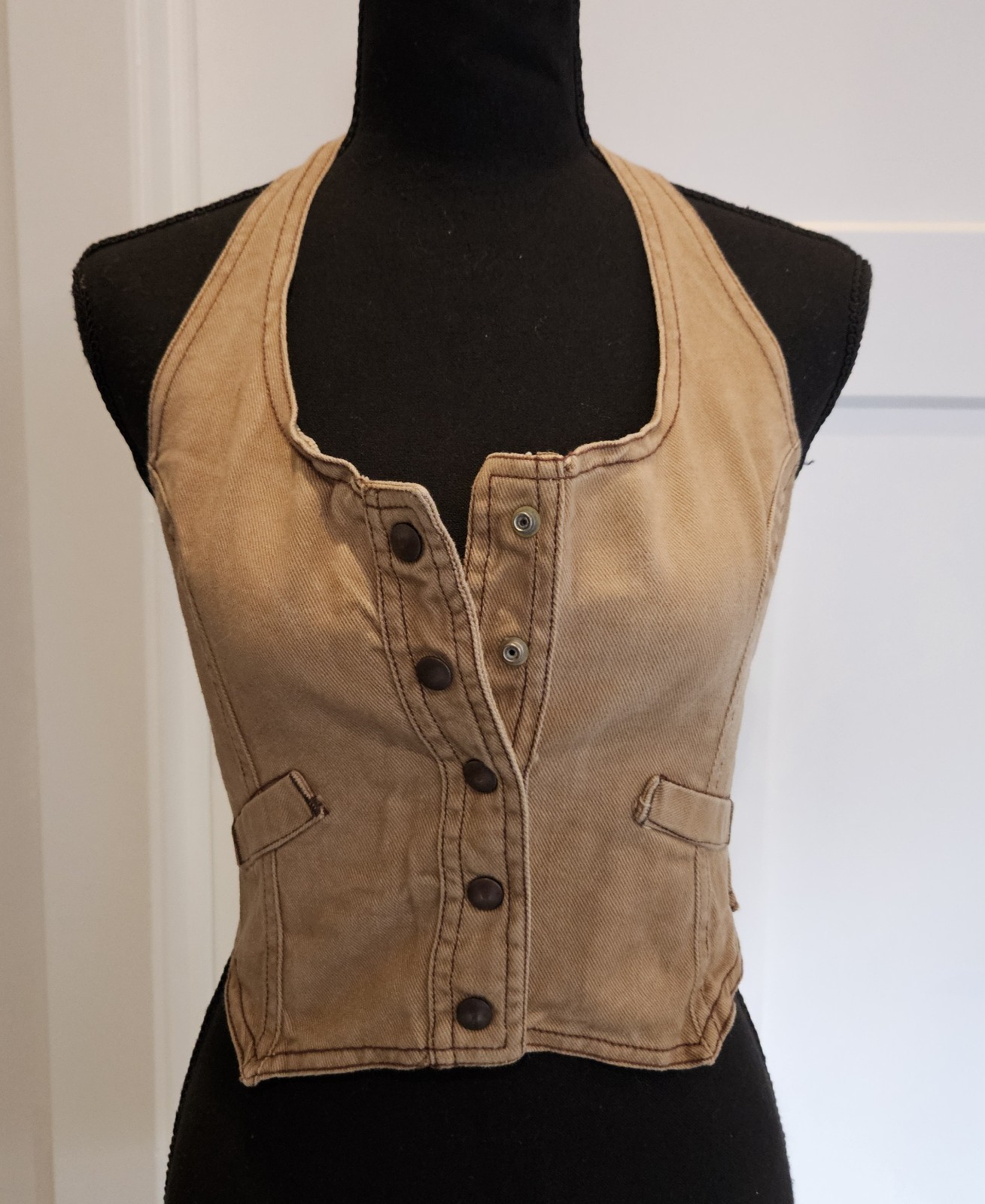 1970&rsquo;s Brown/Beige Denim Halter Top Snaps Open Back Vintage Y2K Size 13/14