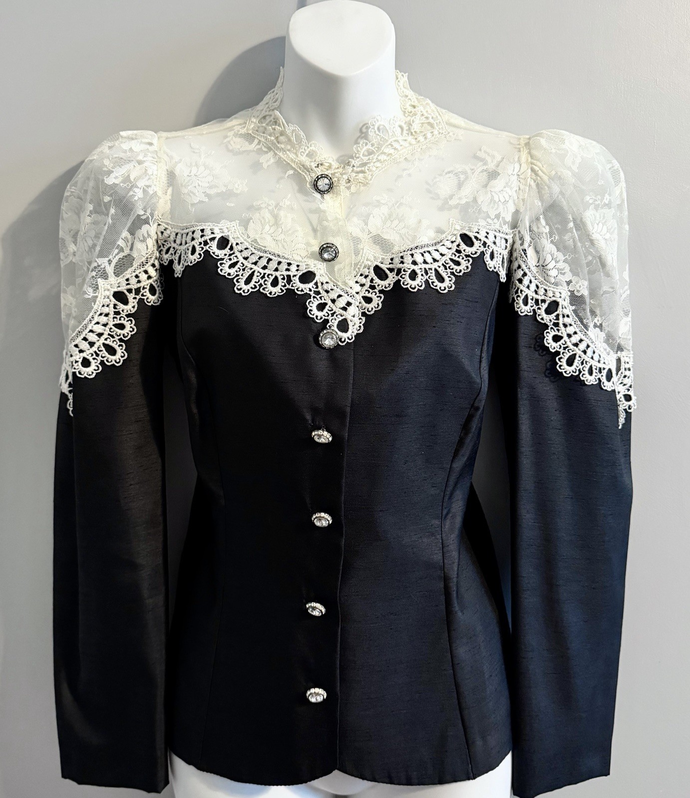 Vtg 80s Top L Black Goth Core Lace Puff Sleeve Rhinestone Button Up Sectetary