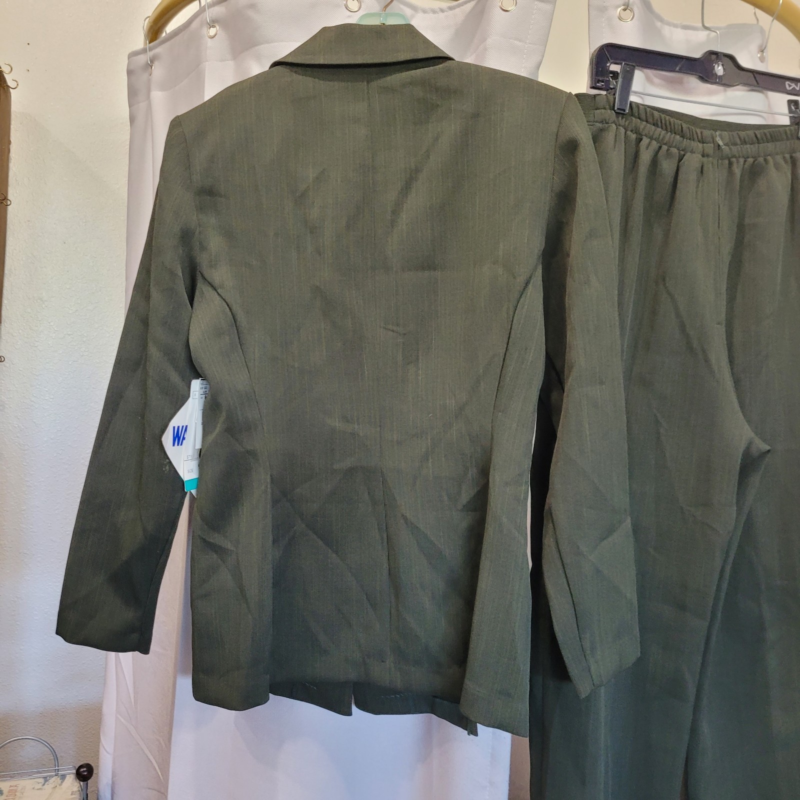 Vintage 90s Women&rsquo;s Olive Green Blazer Pant Suit Set Copper Button By Scarlett M