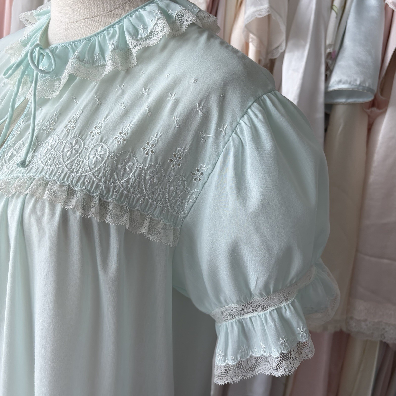vintage barbizon aqua lace trim babydoll cotton robe nightgown puff sleeves