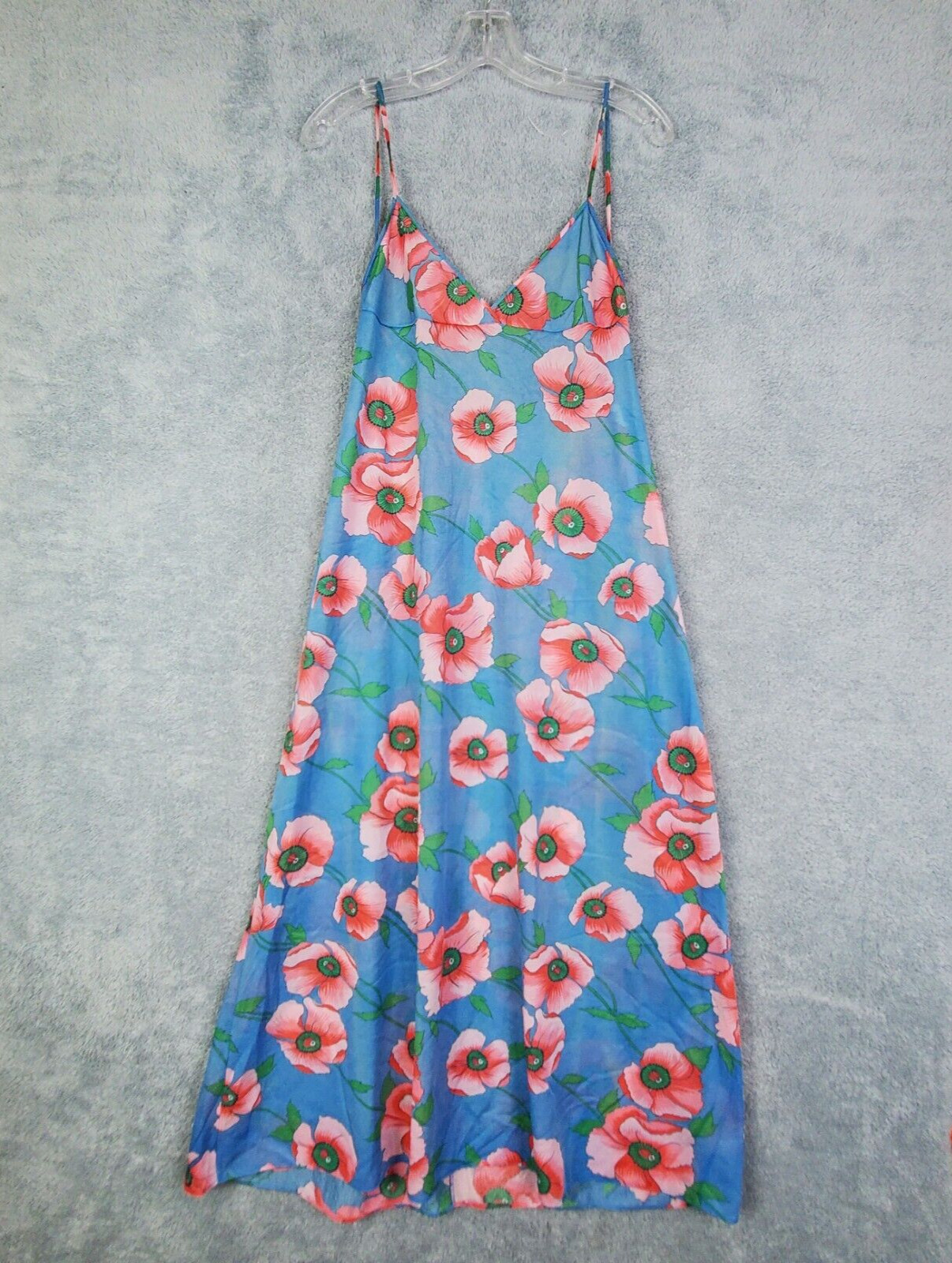 Vtg 60s Flair Lingerie Gown Sz M Blue Mod Flowers V Neck Sheer Nylon Union Made