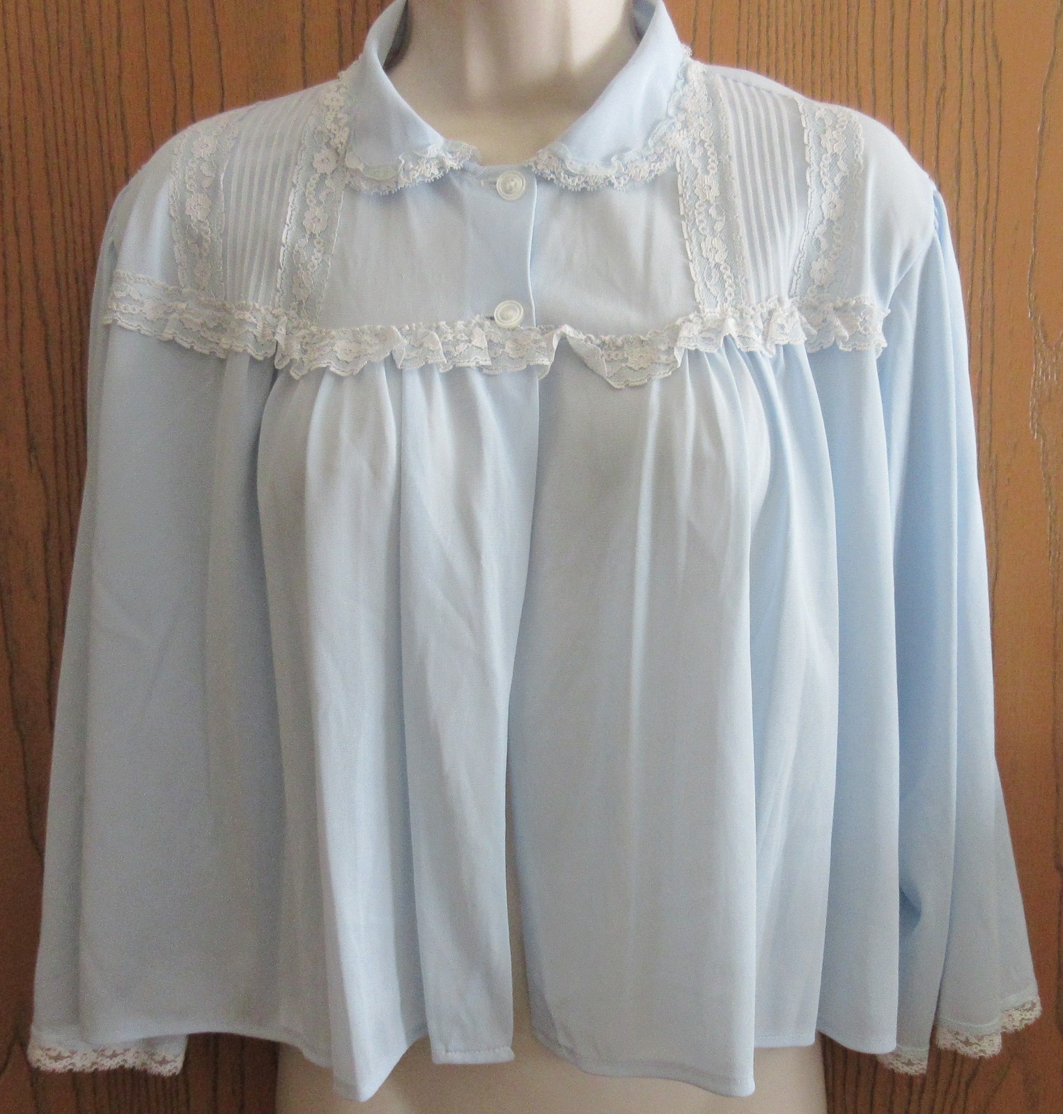 1960&rsquo;s BED JACKET PHILMAID BLUE nylon LACE RUFFLE size LARGE 40/42 USA