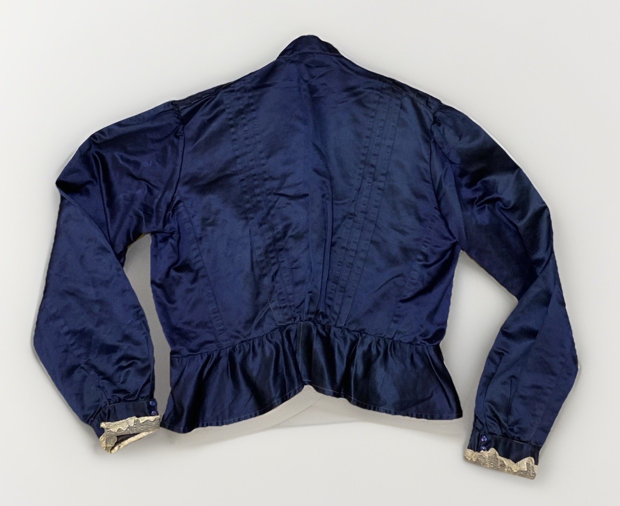 Antique Edwardian Peplum Jacket Beaded Buttons Lace Cuffs Navy Small