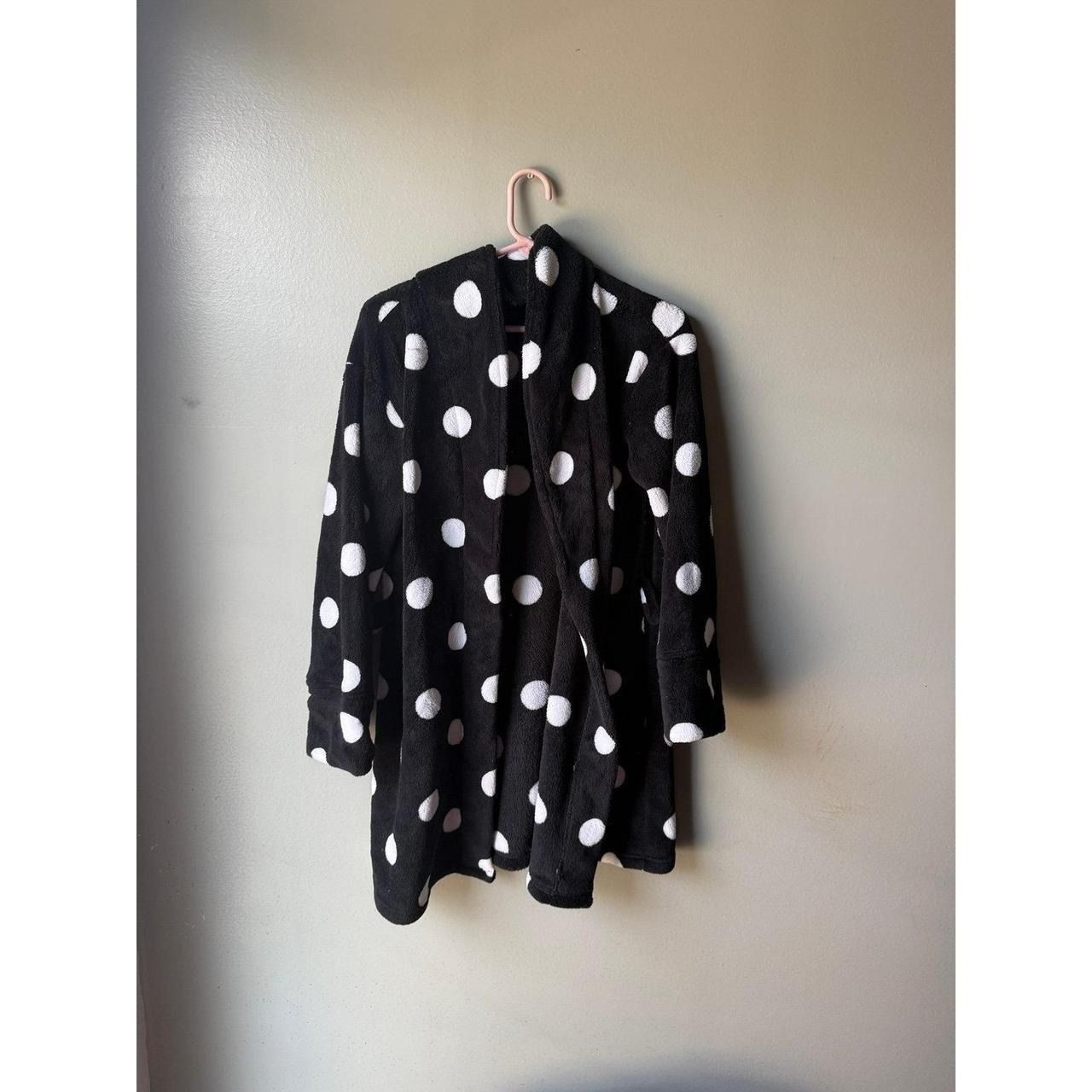 PINK Victoria&rsquo;s Secret Black White Polka Dot Plush Fleece Robe Cozy Soft XS/S
