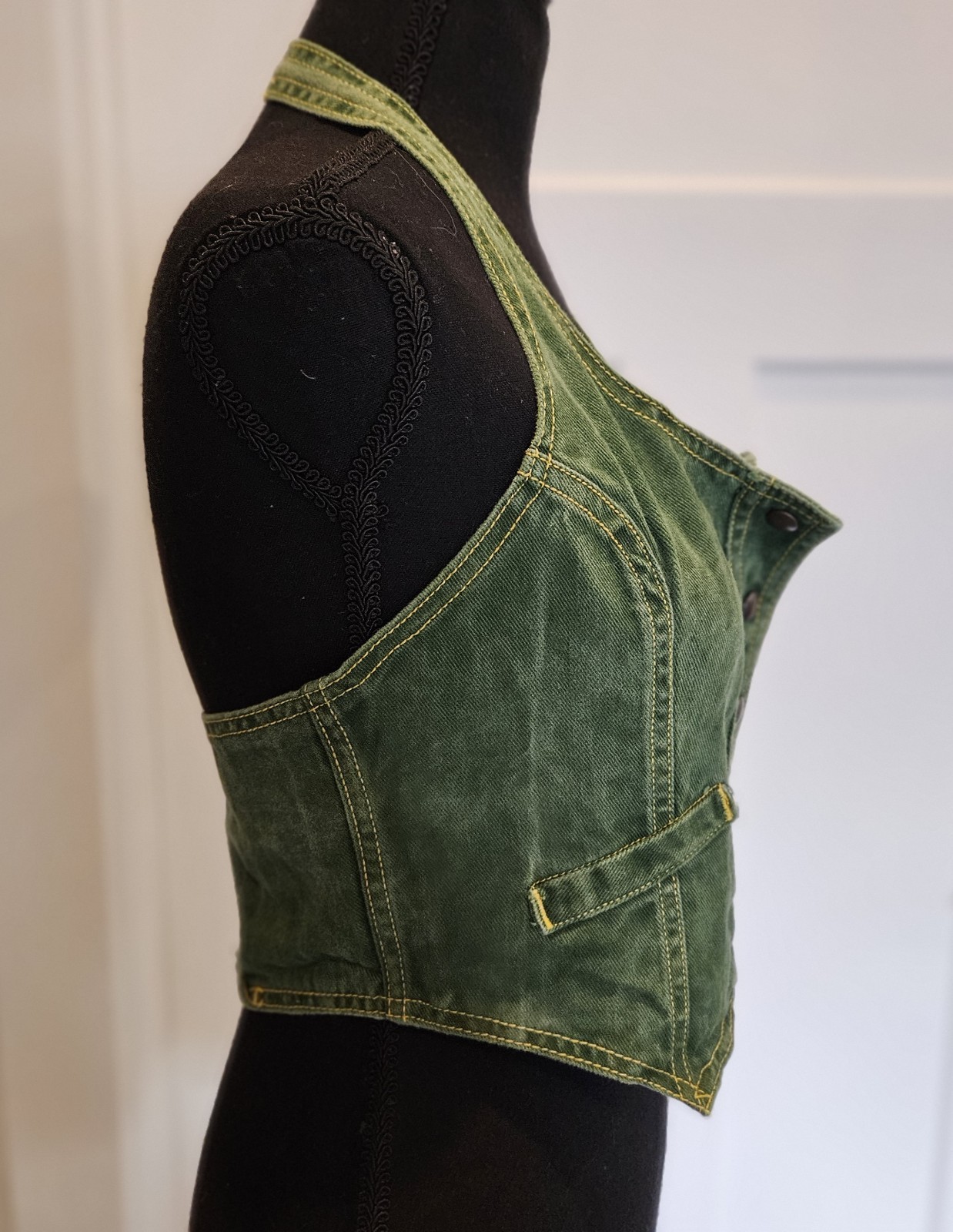 1970&rsquo;s Green Denim Halter Top Snaps Open Back Vintage Y2K Size 13