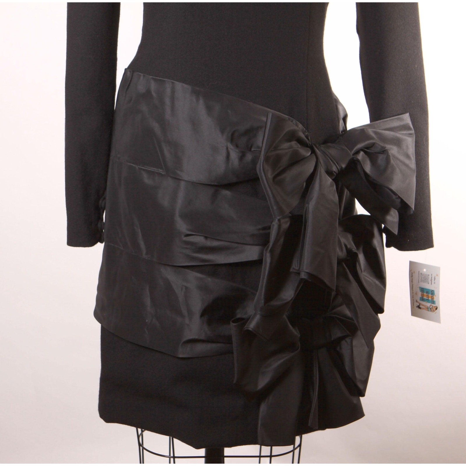 1980s Black Long Sleeve Oversized Bow Formal Cocktail Dress by Bill Blass