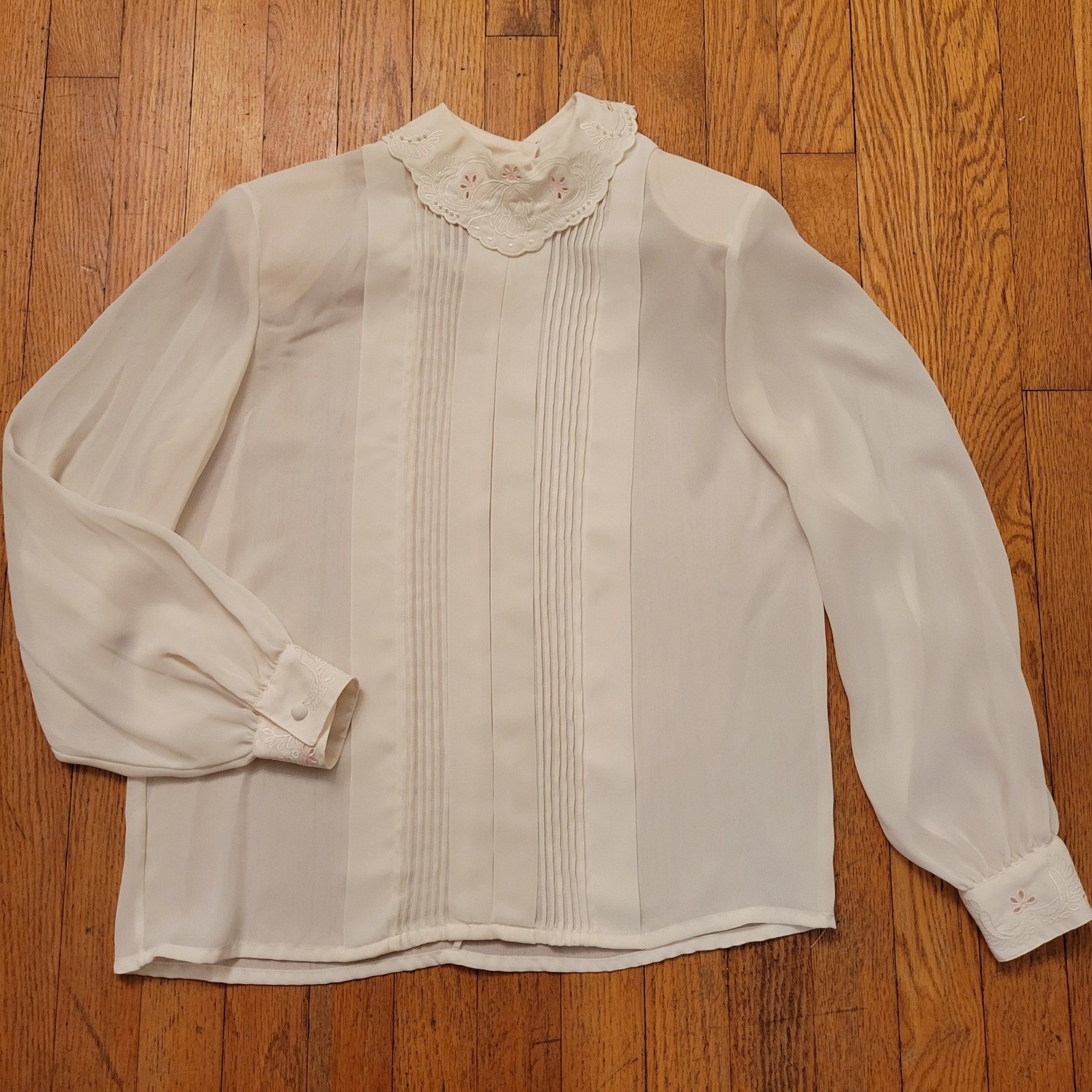 Laura Jayne Vintage Cream Embroidered Pintuck Blouse High Neck 8 Granny Cottage