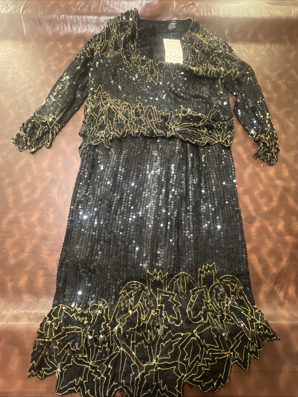 Vintage Scala 2 Piece Black and Gold Silk and Sequin Evening Dress Size L