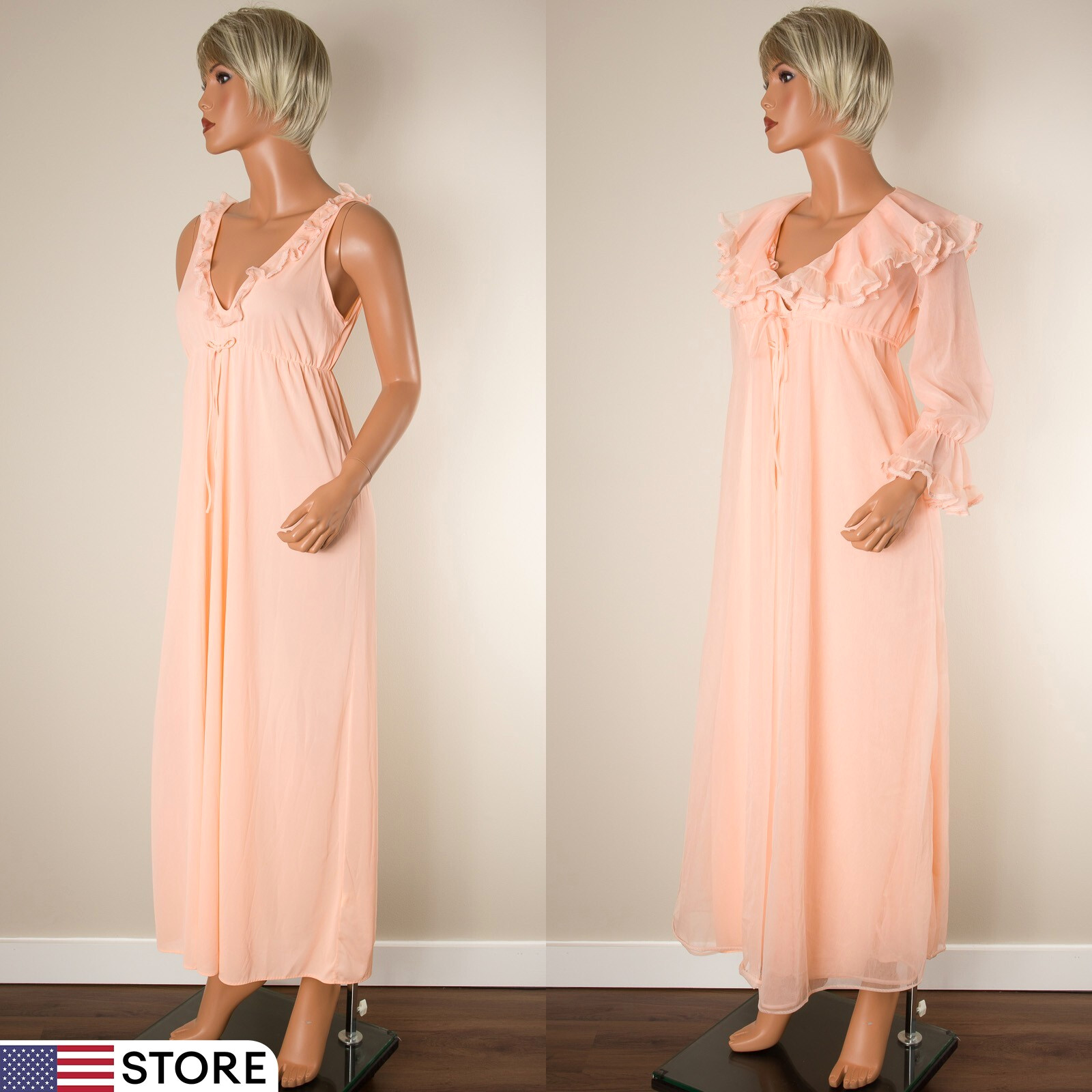 💖 VTG PANDORA Lingerie Peignoir Gown Set Melon Nylon Double Chiffon Ruffle P