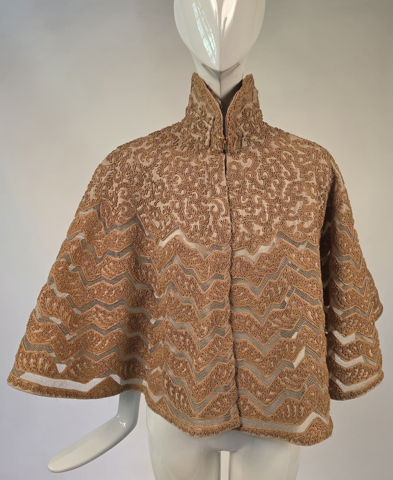 OPULENT VICTORIAN 19TH C SOUTACHE + NET INSERT CAPE FOR DRESS W HIGH COLLAR
