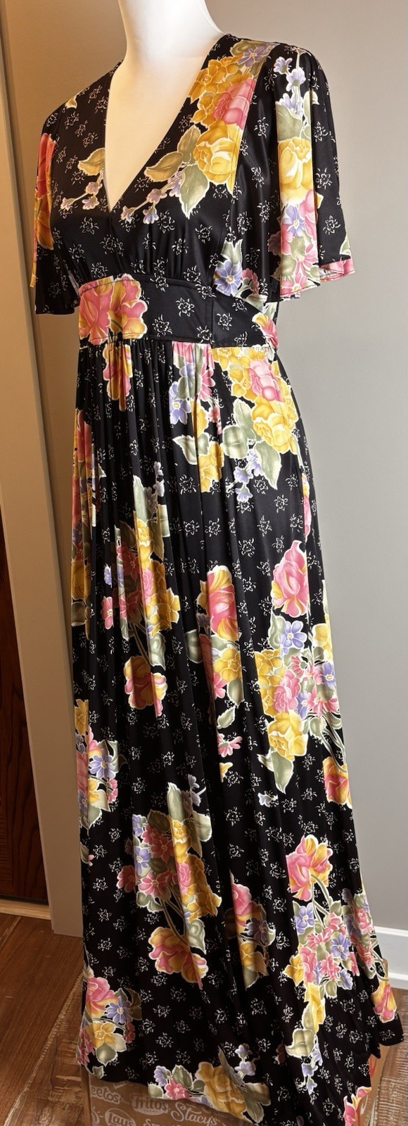 VTG Union Made 70s Boho Floral Flutter Sleeve Cottagecore Maxi Dress Size 13