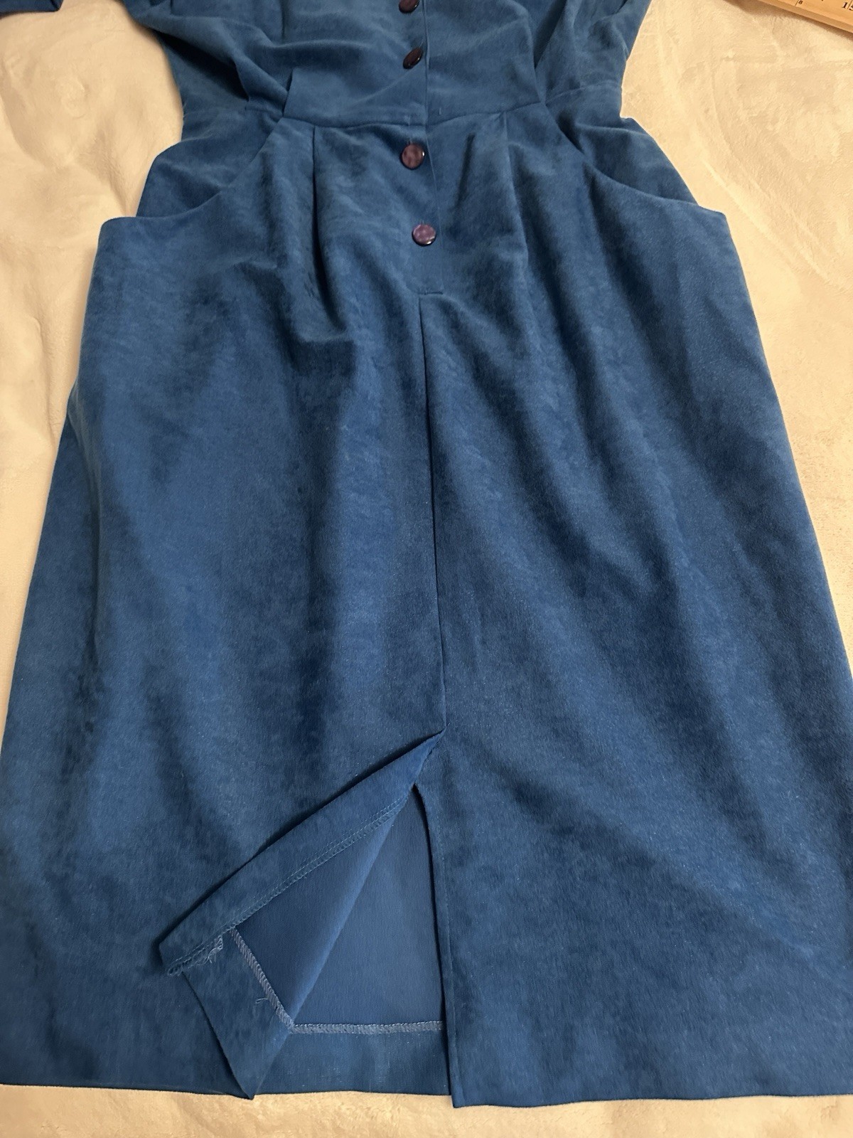 Vintage 80s Blue Button Up Fitted Dress Sz 14 Secretary Lightweight USA Office
