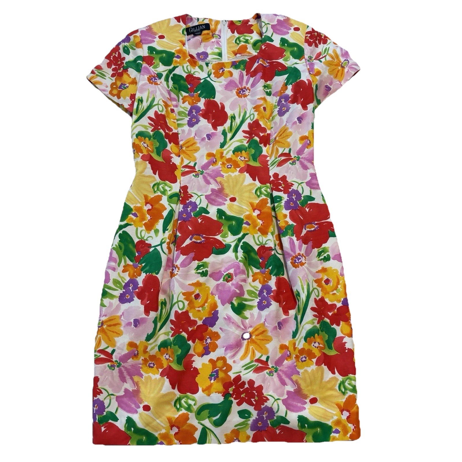Vintage GILLIAN 100% Silk Dress Women&rsquo;s 10P White Floral Colorful Sheath Korea