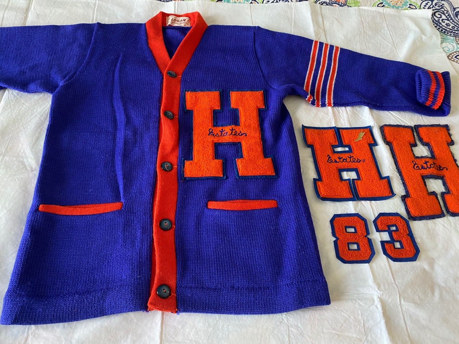 Letter Sweater, blue and orange, 1980s, Hoffman Estates plus letters