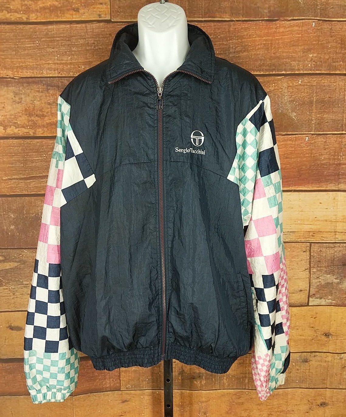 Vtg Sergio Tacchini Jogging Windbreaker Jacket~womens XLT~Blue Pink Check