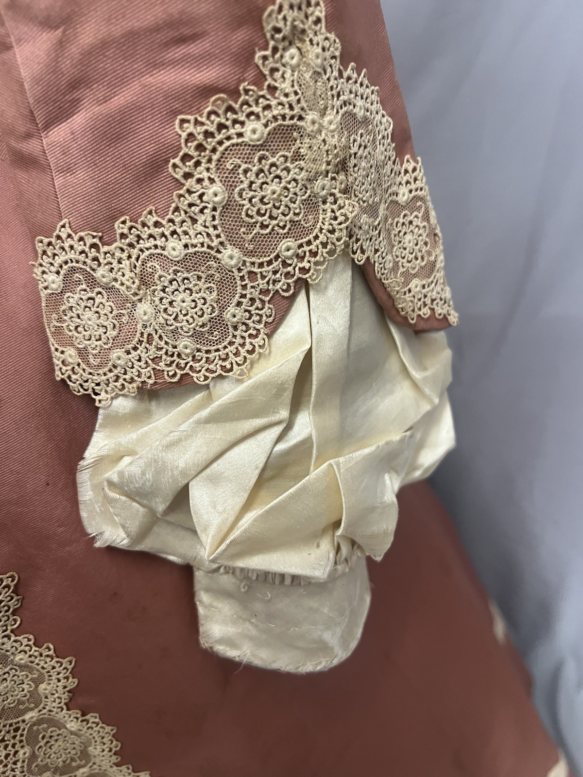 1890’s Peach Silk Faille & Lace Bustle Dinner Gown