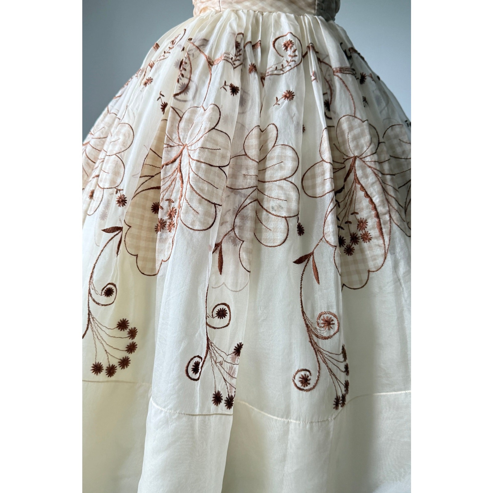Vintage 1950s Gingham Organza Strapless Prom Party Wedding Dress XS