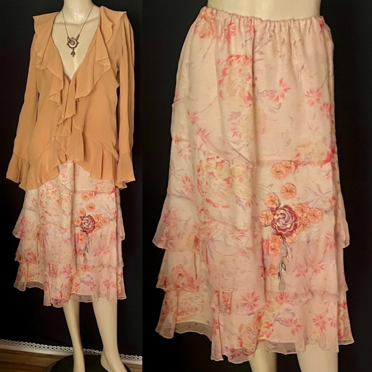 Charming 1920s Tiered Silk Tiered Skirt, Pastels, Peach, Ribbon Work Flowers S-M