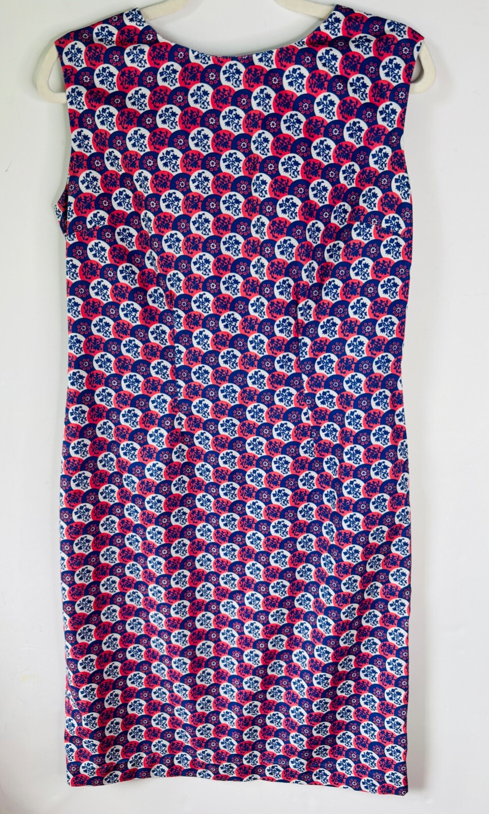 VTG HANDMADE*PRETTY!! RED WHITE BLUE FLORAL CIRCLE PRINT SHEATH DRESS*M
