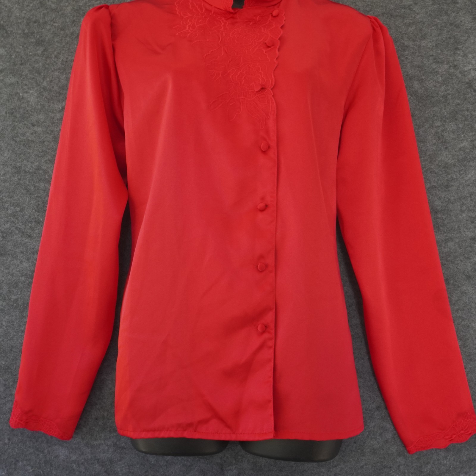 Vintage TJW Mervyns Satin Blouse 16 Red Mandarin Collar Lace Embroidered 80s Top
