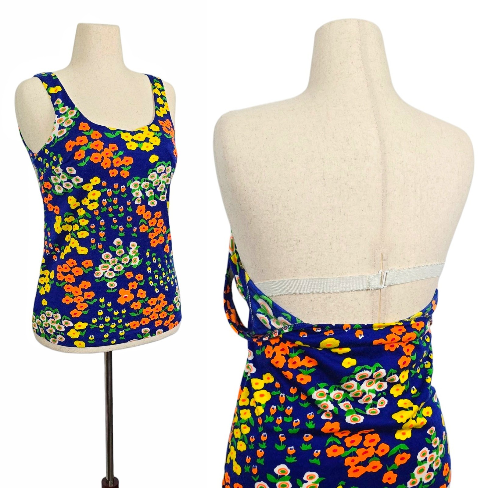 1960s Vintage Shirt 60s Tank Top Flower Power Blouse Built In Bra Small Medium
