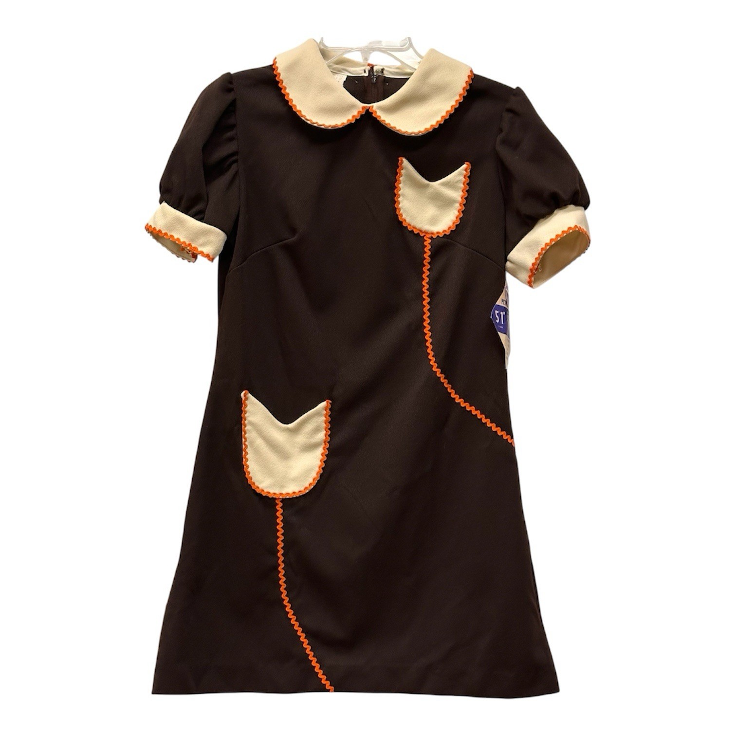NOS VTG 60s-70s Mod Style Brown A-Line Dress Size 9 Junior Petite Orange Trim