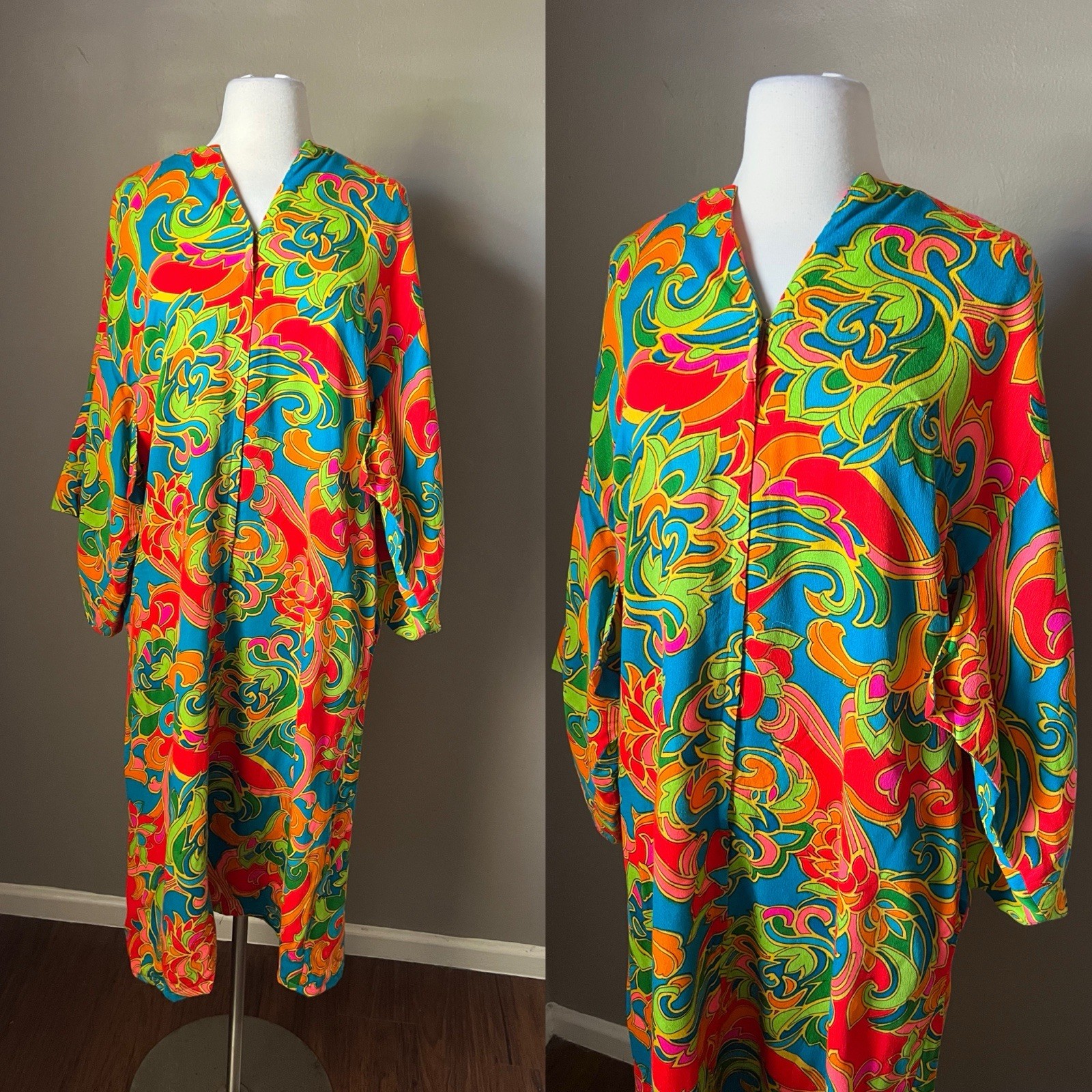 Vintage 70s Bergdorf Goodman Dress Maxi Winged Kaftan Psychedelic Vibrant Retro