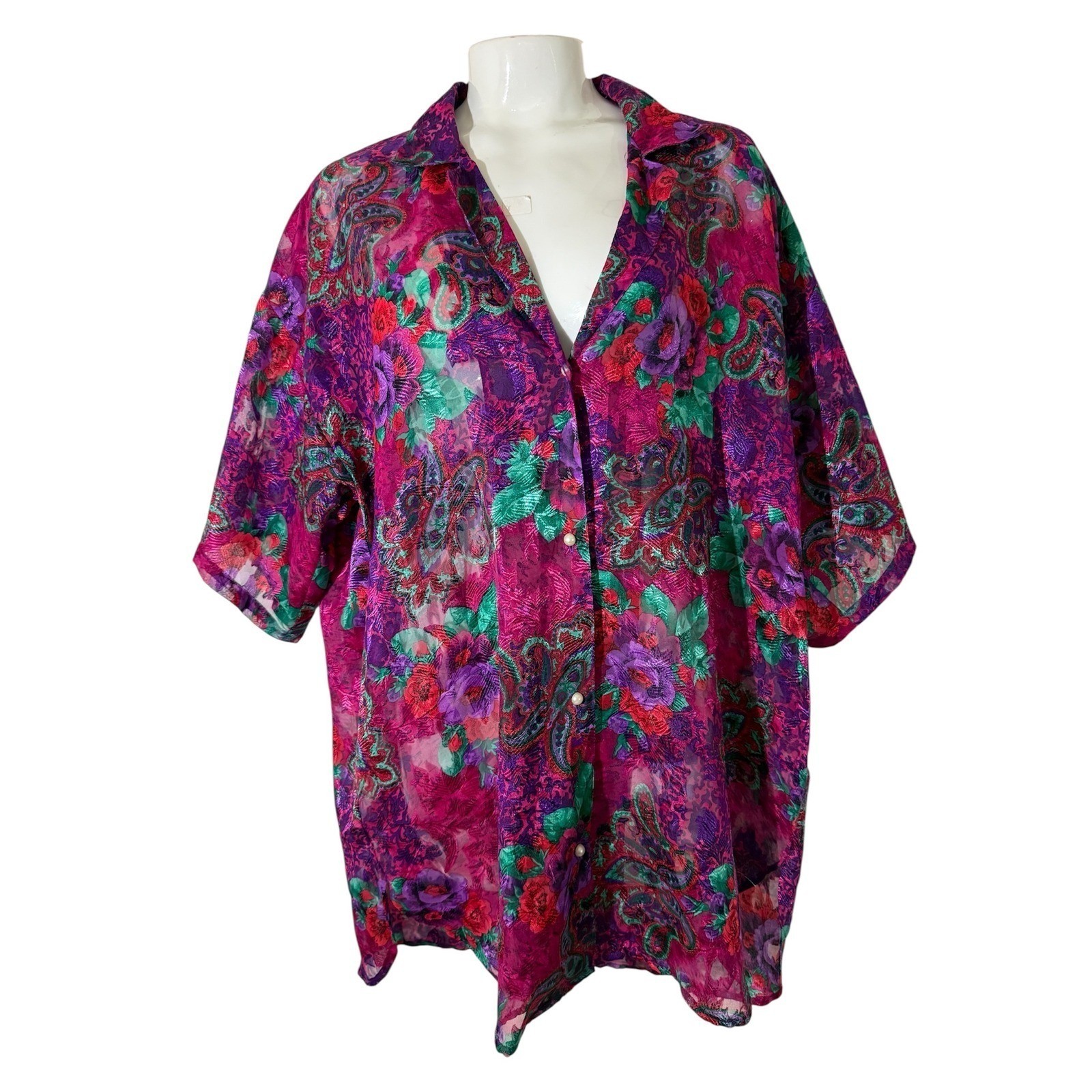 Vintage 90s Victoria&rsquo;s Secret Sheer Paisley Pajama Top Blouse Pink Purple M/L
