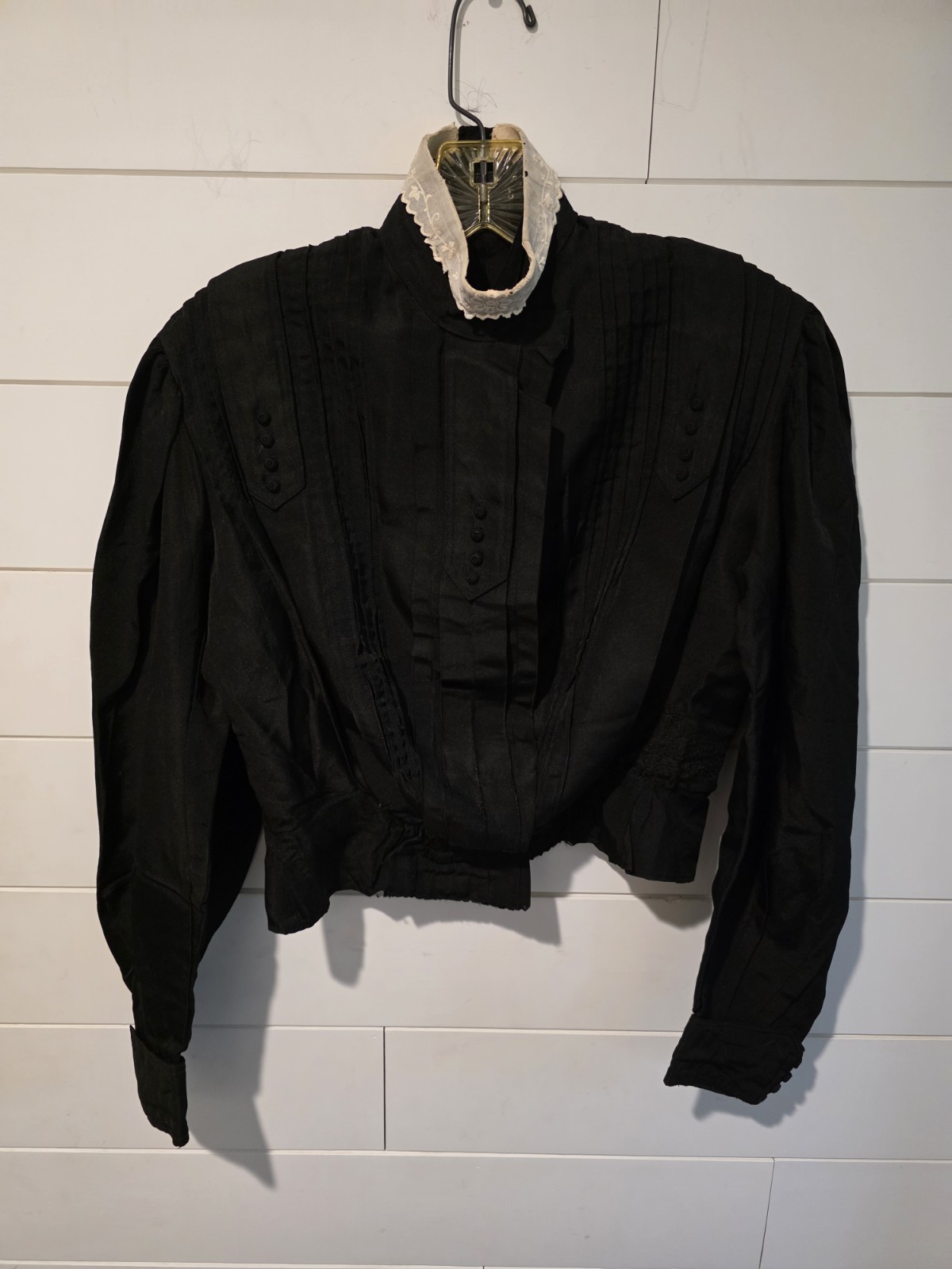 Antique 1890s Victorian Black Silk Mourning Bodice Blouse High Neck Pleated Lace