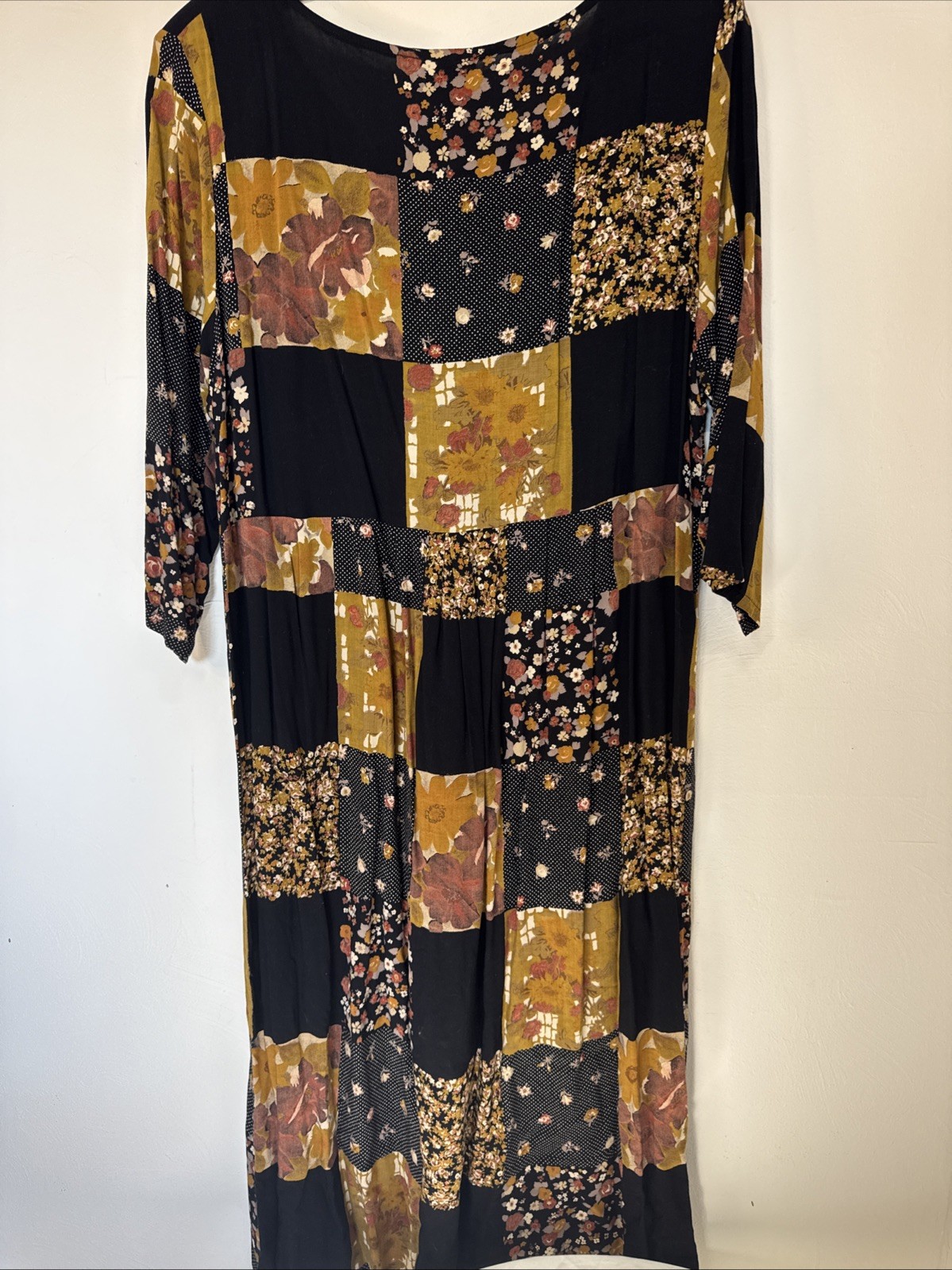 Vintage Patchwork Maxi Dress 80s Boho Hippie Shoulder Pads NO SIZE TAG