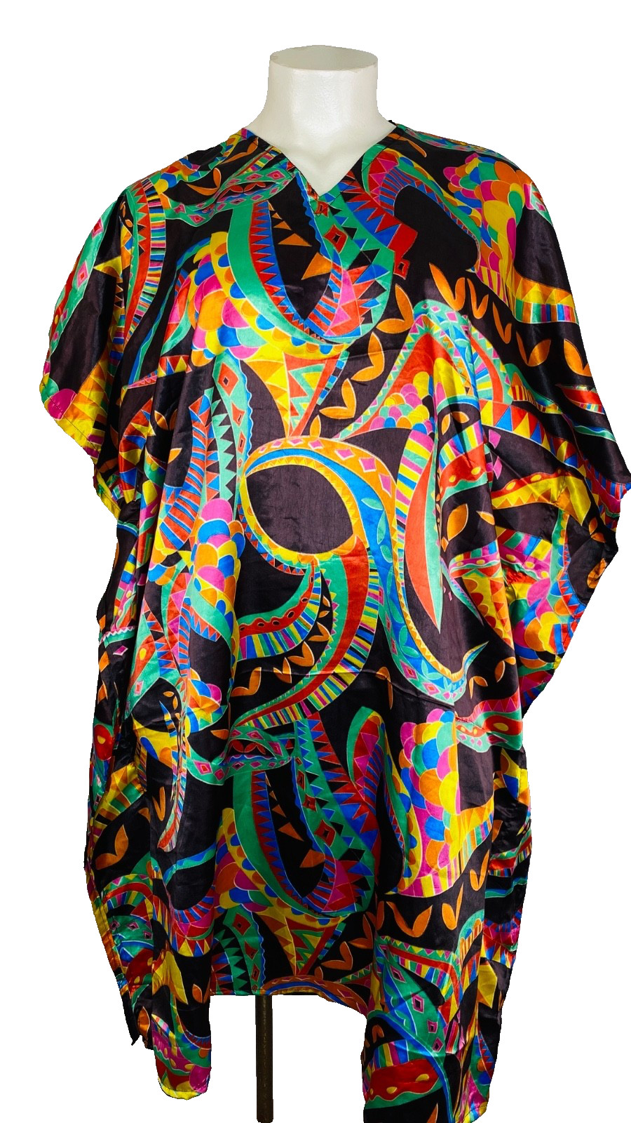 Vintage 1990s colorful satin tunic kaftan mumuu rainbow black pullover dress NWT