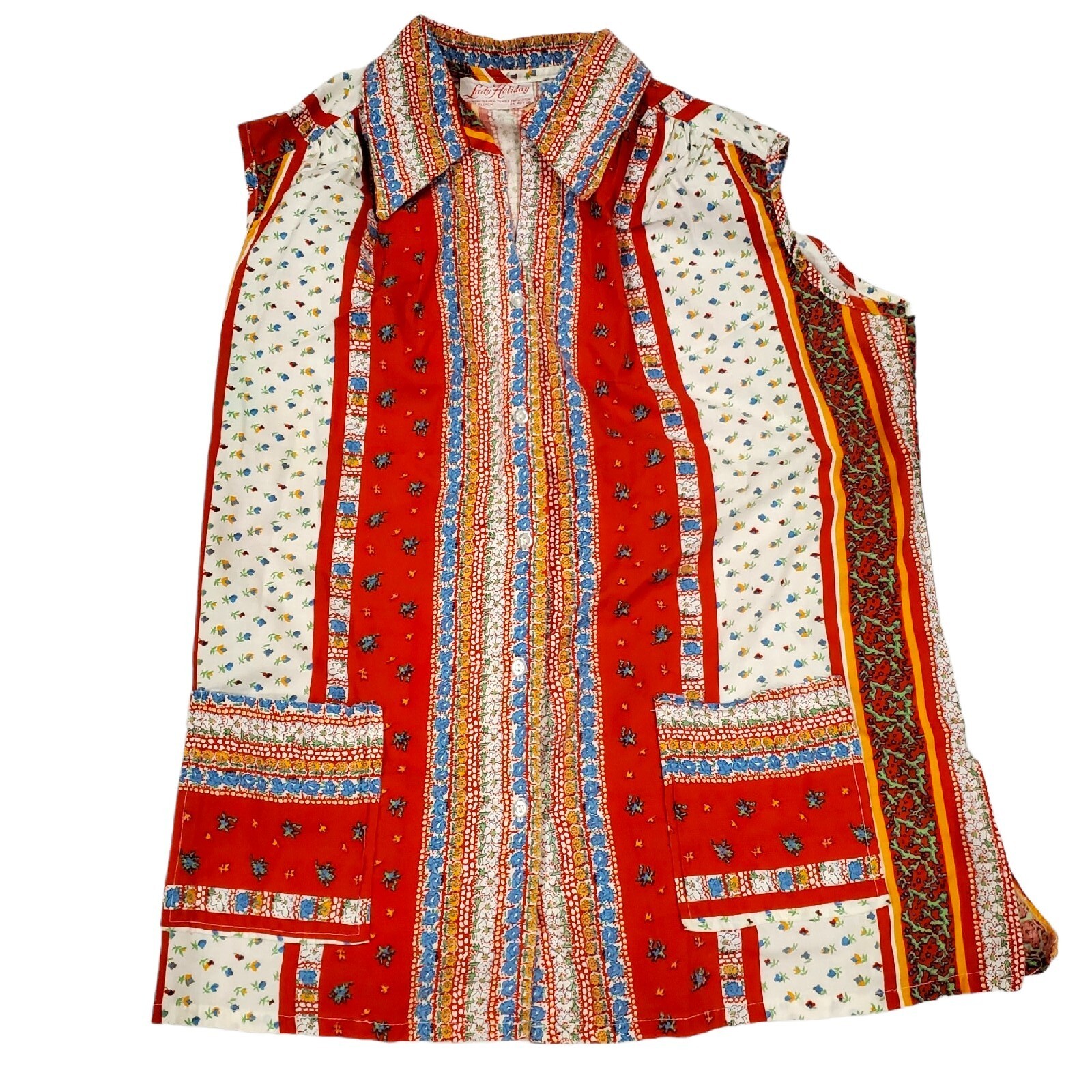 Vintage 70s Red Boho Belted Tunic Collared Smock Sleeveless Floral Shirt L/XL
