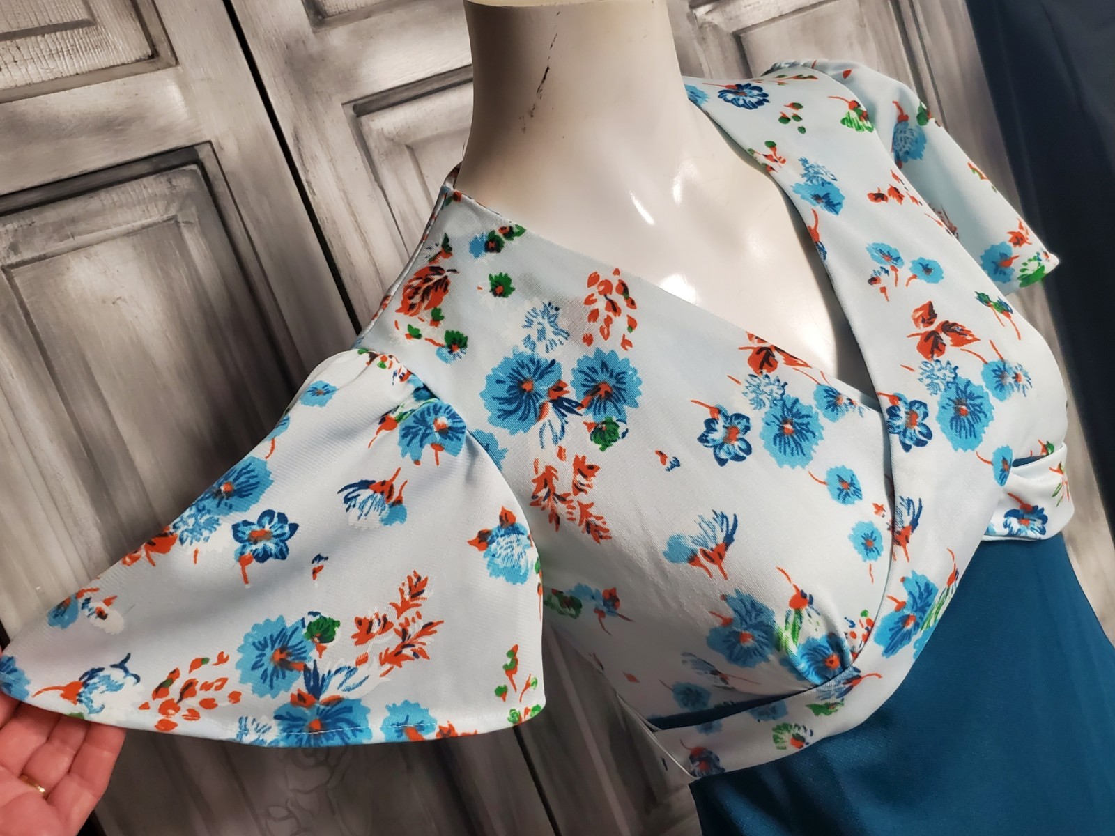 XS-S 60s 70s Hippie Vtg Boho Groovy Maxi Dress Wrap Top Empire Hostess flutter
