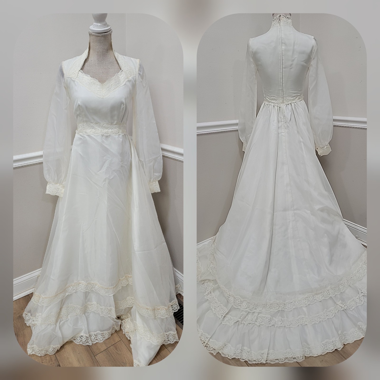 VTG&rsquo;70s JCPENNEY Off White Organza/Prairie Pioneer Wedding Dress/Long Sleeve
