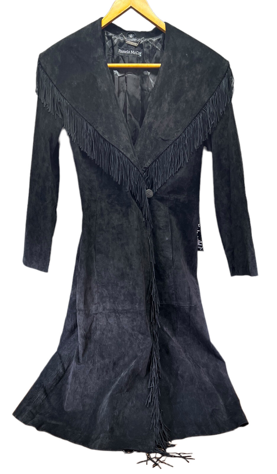 PAMELA McCOY Black Suede Fringed Long Western Rodeo Lined Coat Sz M Pioneer NEW