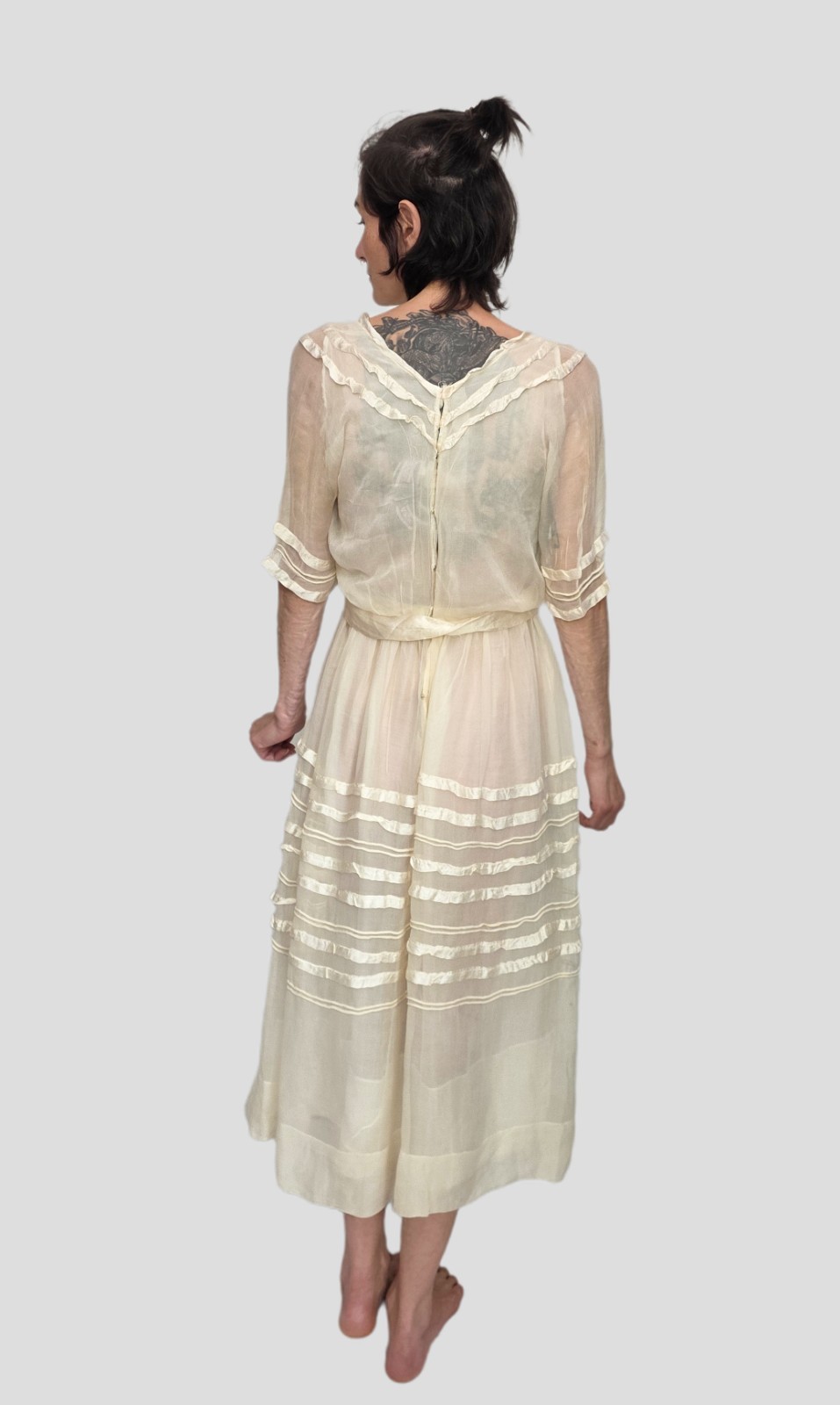 1910s Ivory Silk Chiffon Dress | Edwardian Tea Dress | Sheer Ribbon Trim Antique