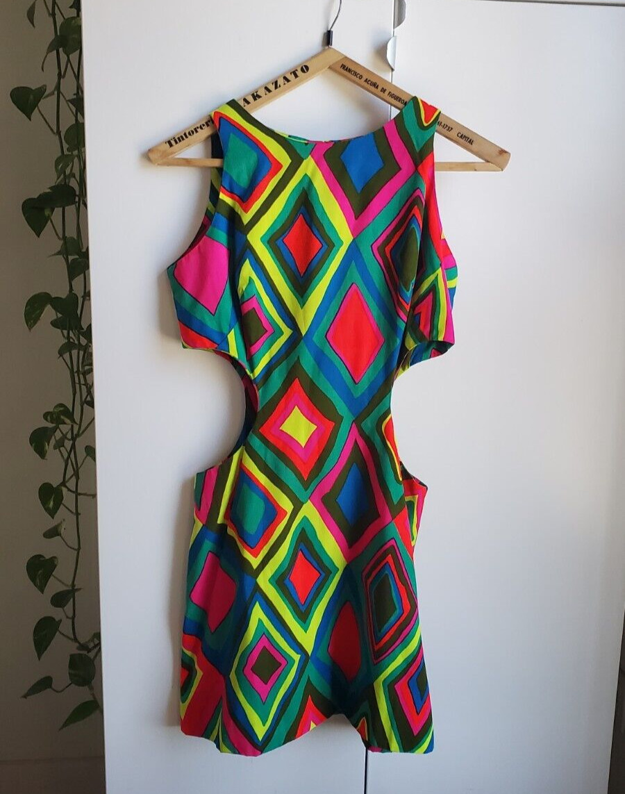 Vintage 60s PSYCHEDELIC Cutout Cotton Geometric Mini MOD GO-GO Beach Sun Dress S