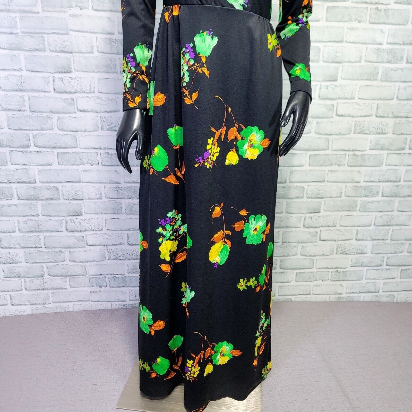 Vintage 70s Black Floral Maxi Dress S Cowl Neck Long Sleeve Mod Boho Glam