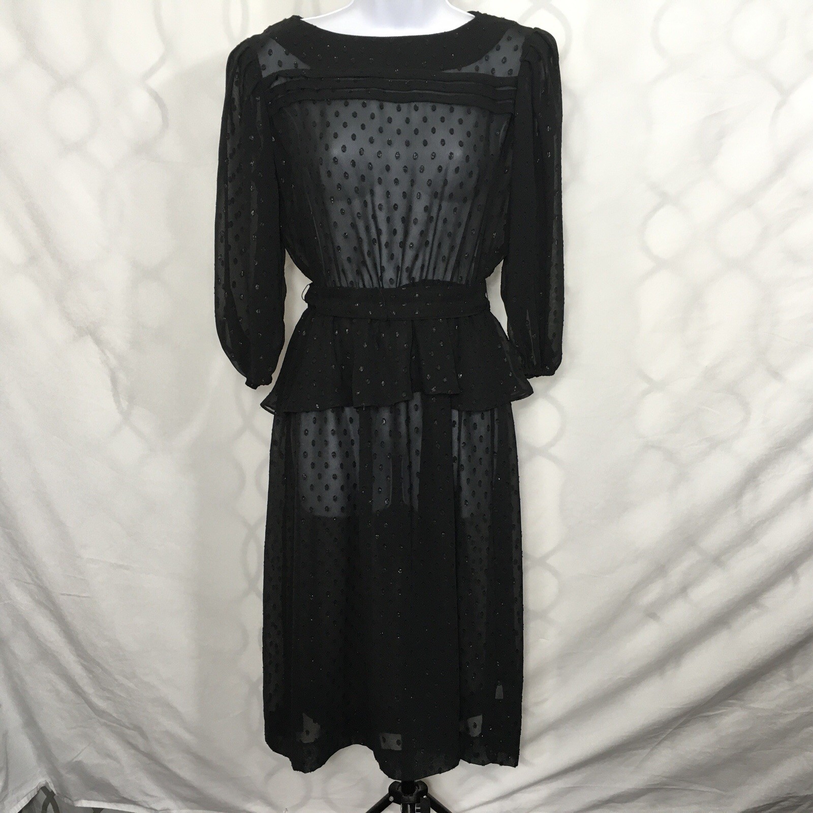 Vintage 80’s Lady Carol Dress SZ 10 Black Sheer Polka Dot Peplum Waist Tie