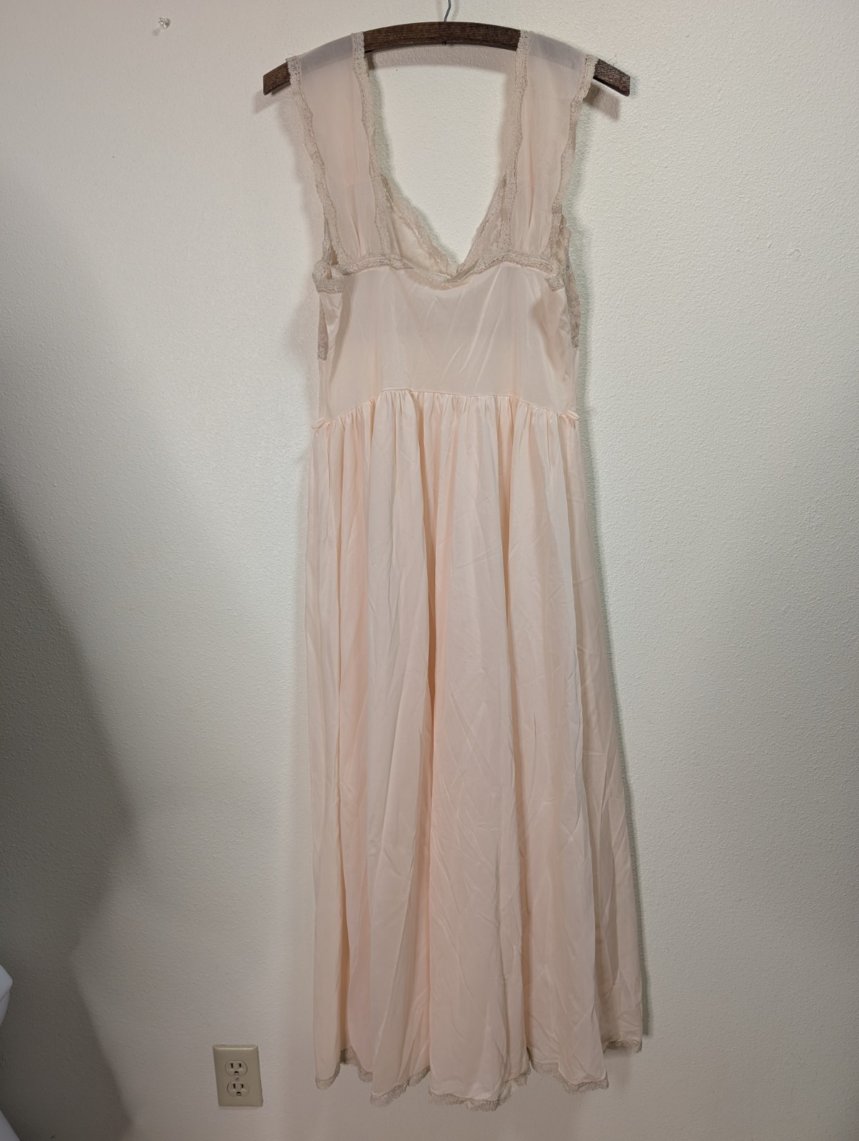 Vintage Blush Peach Lace Chiffon Gown Bardot Style Romantic Bridal Lingerie Slip