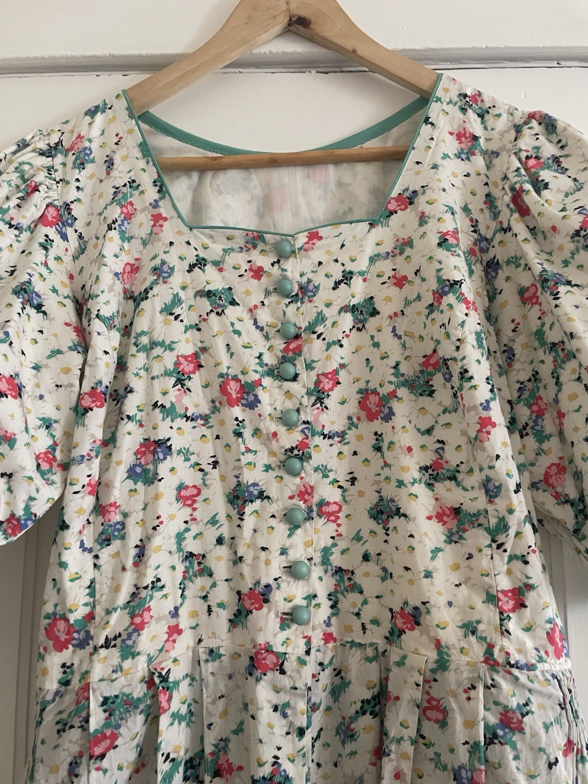 Vintage Floral Square Neck Balloon Short Sleeve Midi Homemade Day Dress S/M