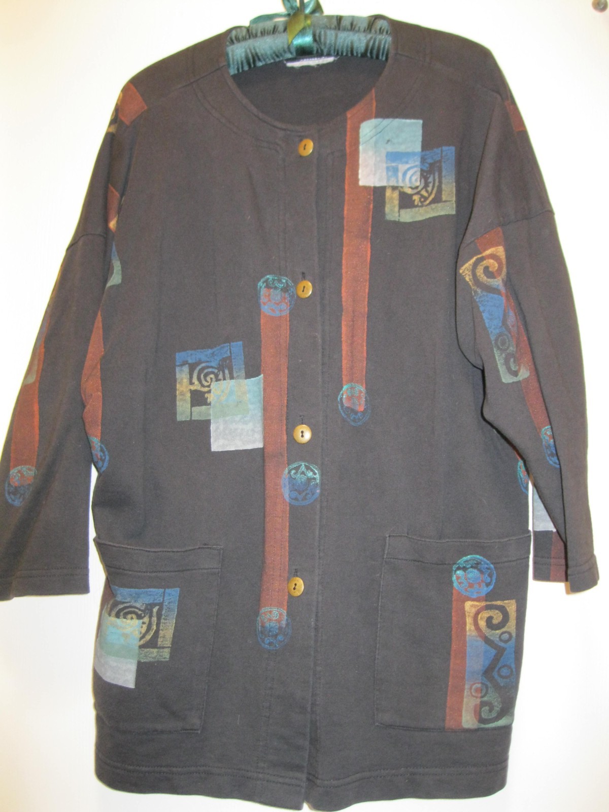 VINTAGE, BLACK COTTON JACKET, HAND PAINTED, SZ M/L, W/ FRONT POCKETS, ARTISAN