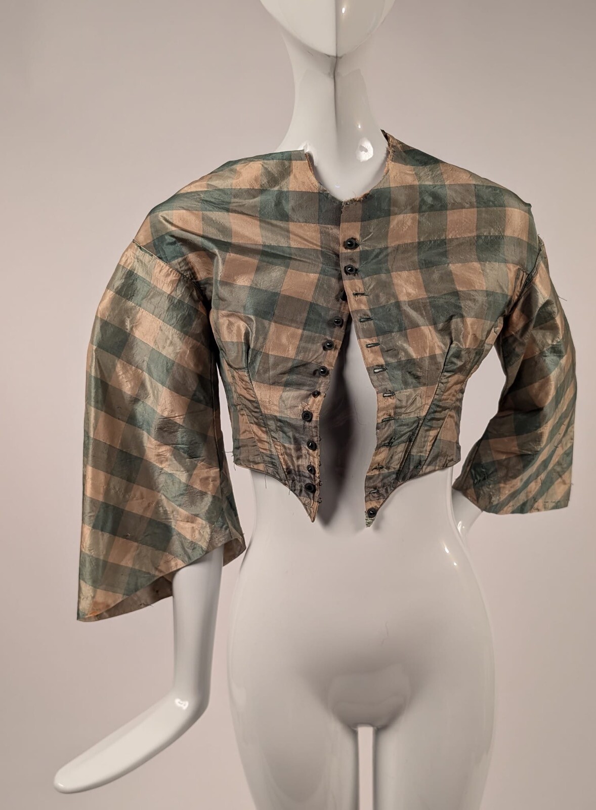 CIVIL WAR ERA PLAID SILK TAFFETA BODICE W PAGODA SLEEVES
