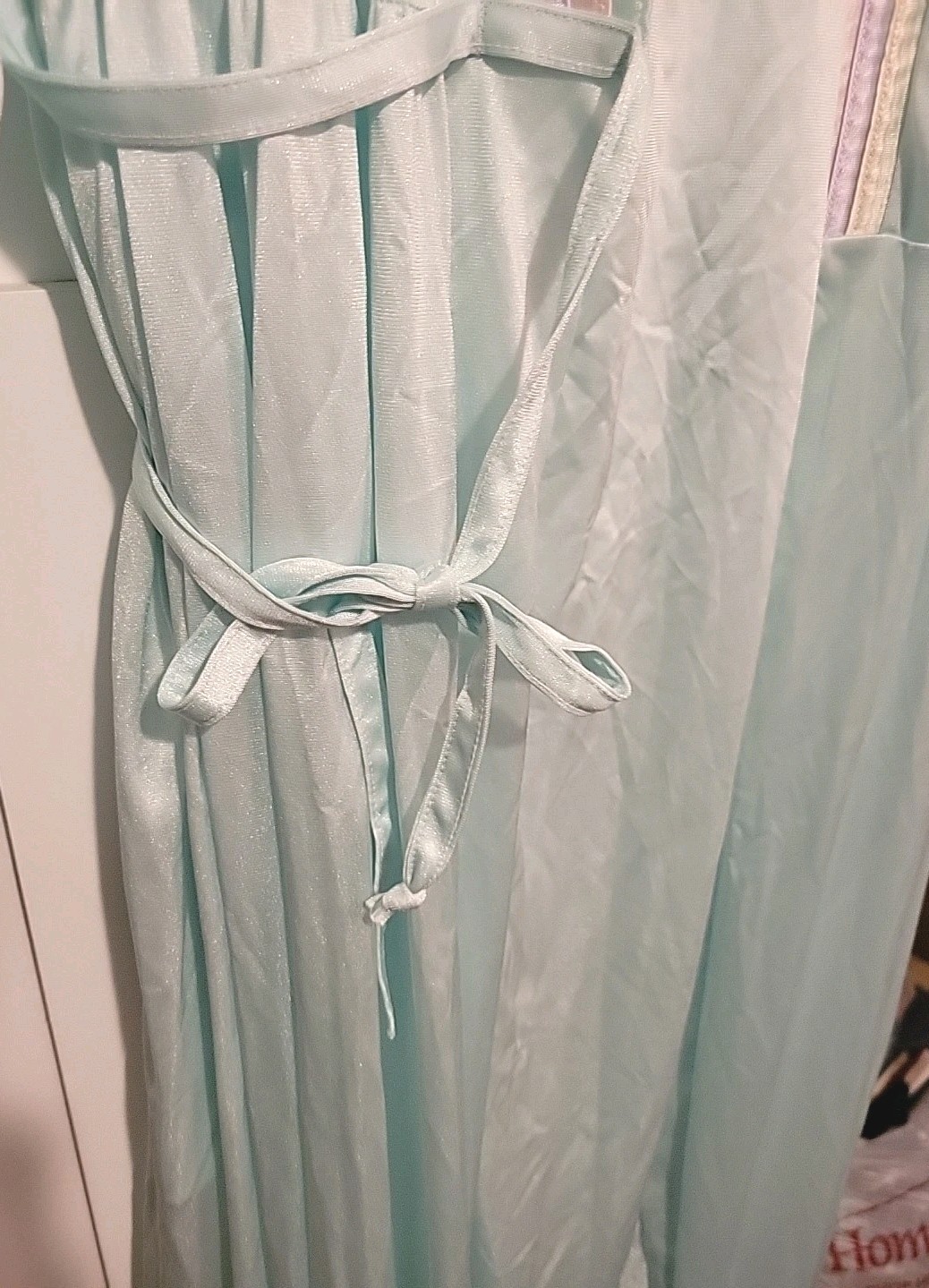 Vintage Spaghetti Strap Night Gown & Belted Robe Set Satin Pale Blue Pastel Trim