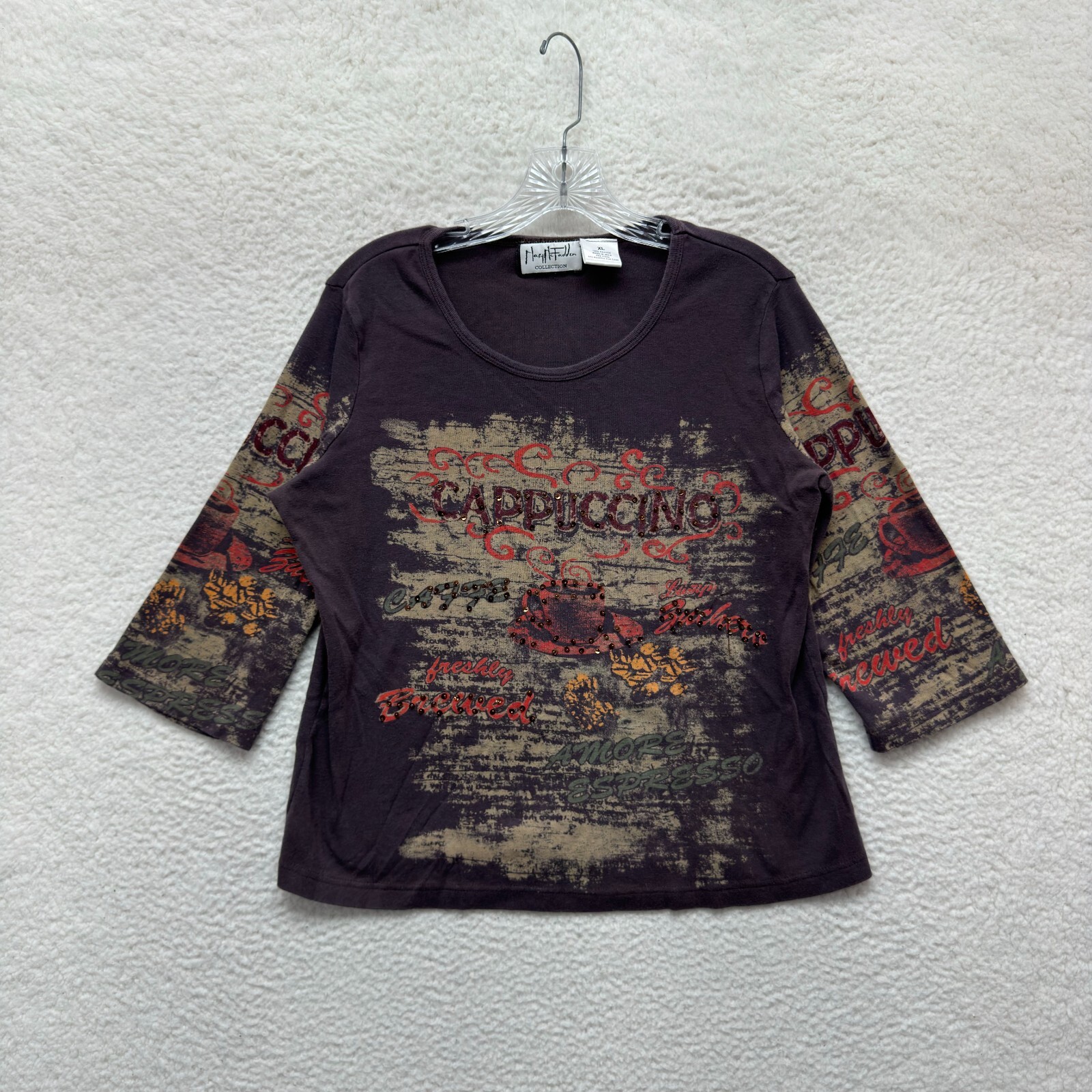 Y2K Vintage Top Shirt XL Brown Sequin Cappuccino Boho Fairy Grunge Western