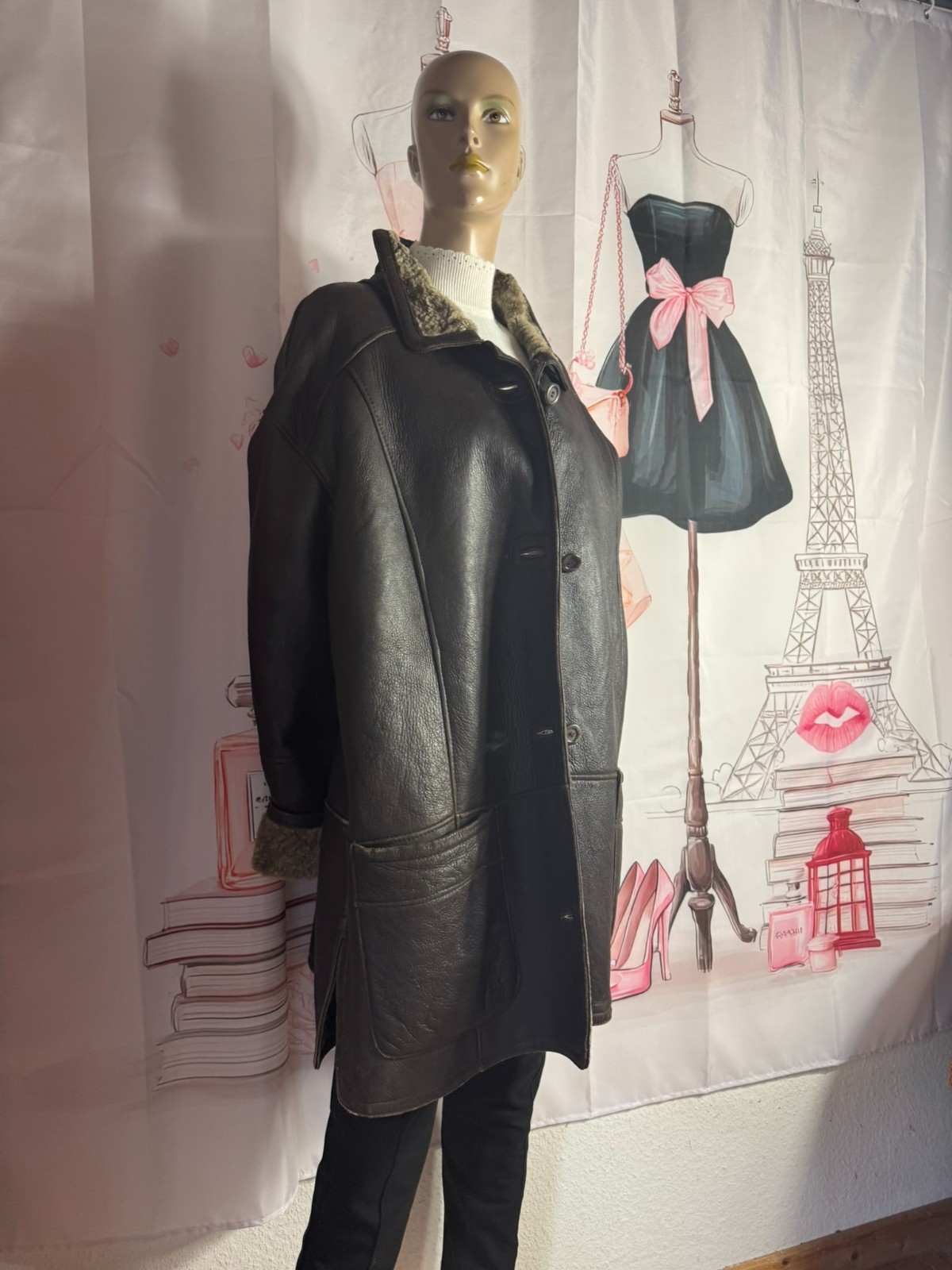 Vintage double face sheepskin jacket real leather oversized size 44/46 brown M. Flues